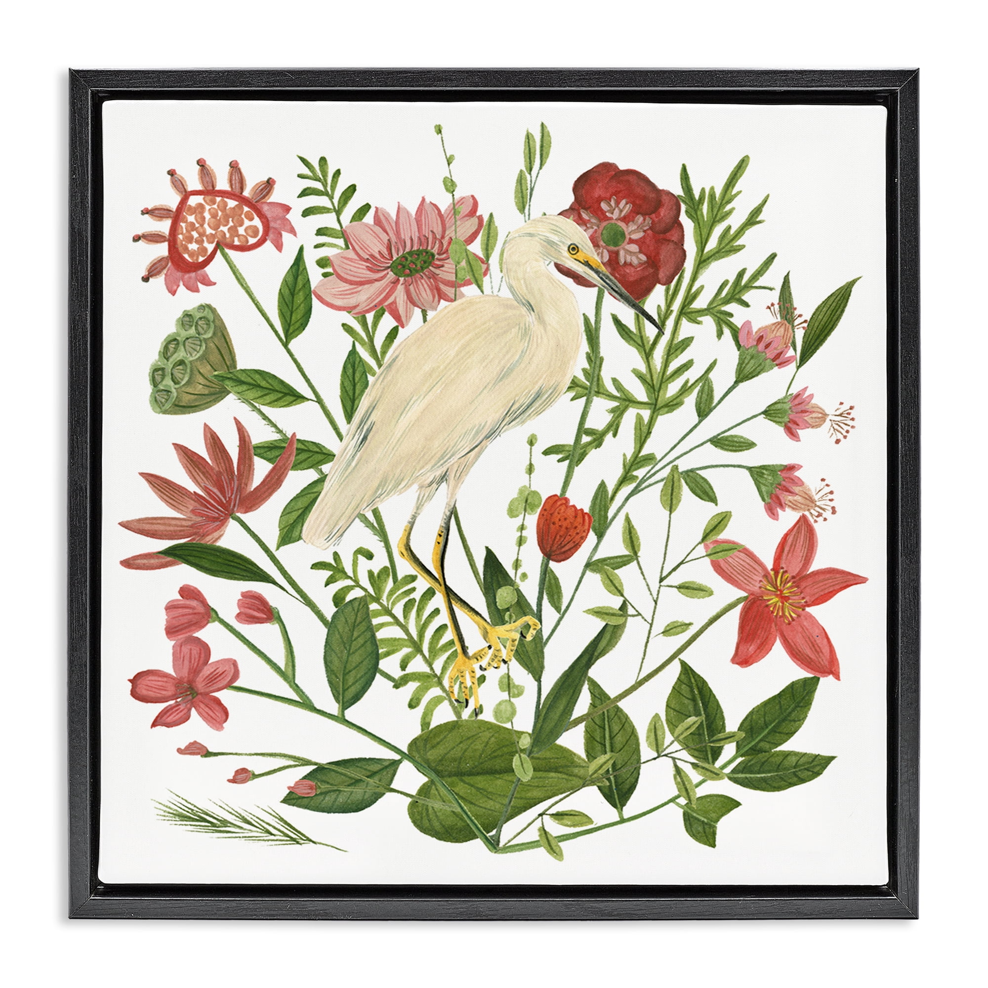 Stupell Industries Nautical Flowers & Egret Landscape Painting Black Floater Framed Canvas Art Print Wall Art, 18 x 18