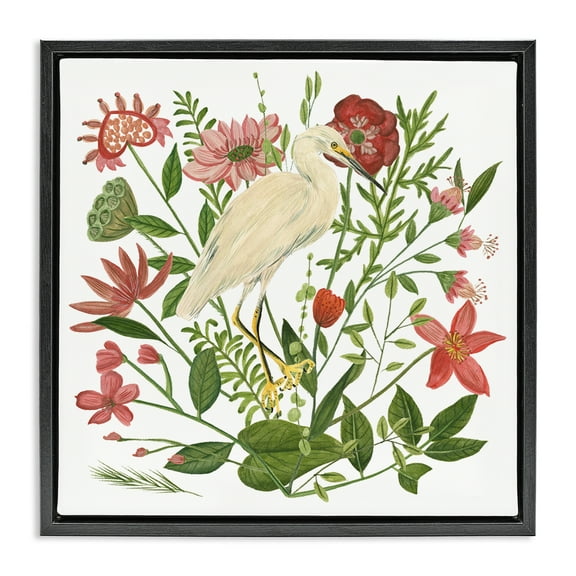 Stupell Industries Nautical Flowers & Egret Landscape Painting Black Floater Framed Canvas Art Print Wall Art, 18 x 18