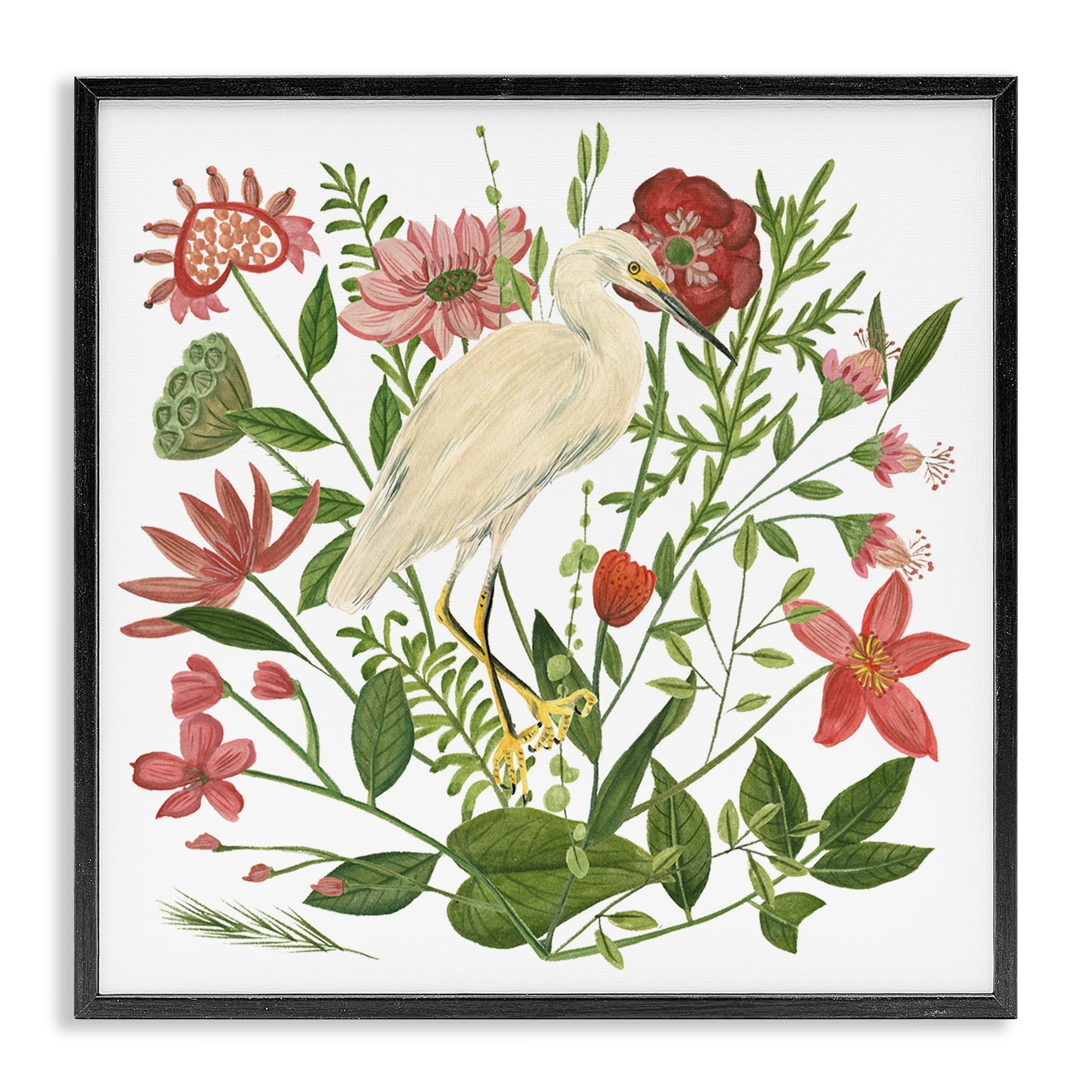 Stupell Industries Nautical Flowers & Egret Landscape Painting Black Framed Art Print Wall Art, 17 x 17