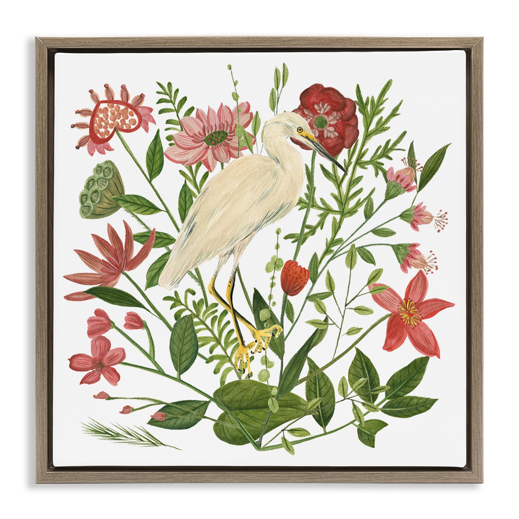 Stupell Industries Nautical Flowers & Egret Landscape Painting Brown Floater Framed Canvas Art Print Wall Art, 25 x 25