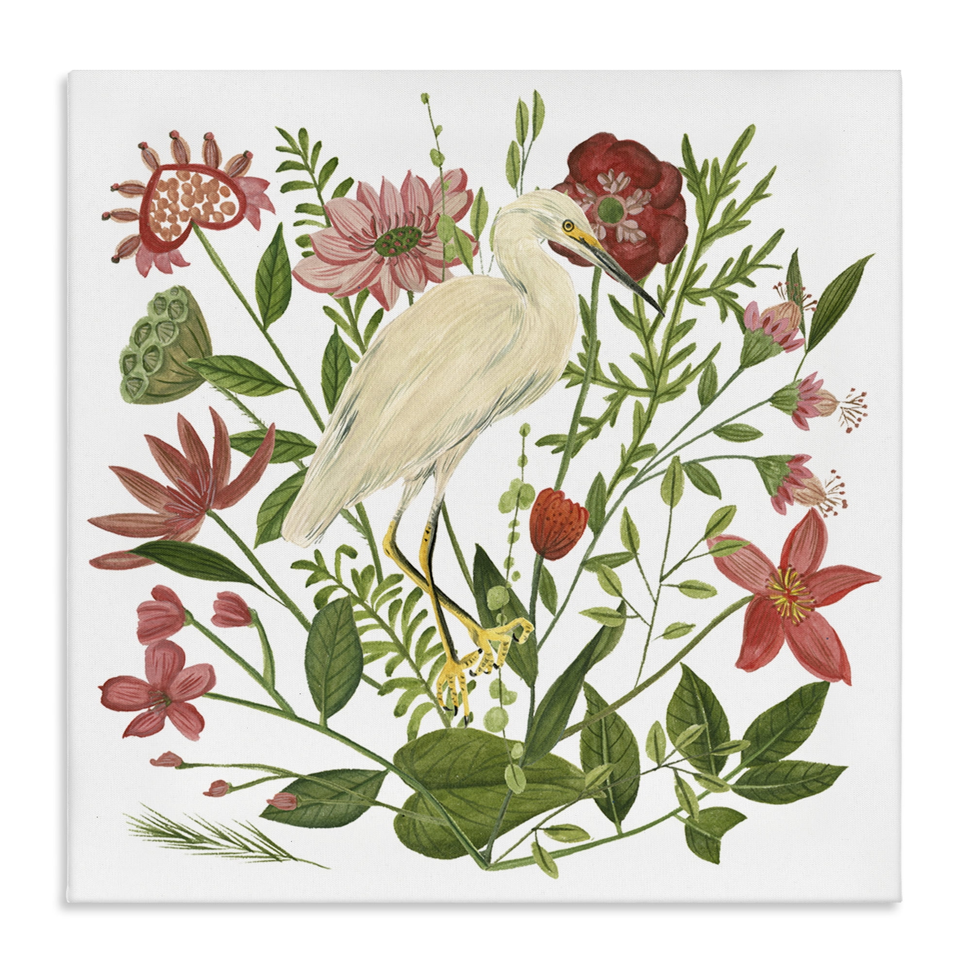 Stupell Industries Nautical Flowers & Egret Landscape Painting Gallery Wrapped Canvas Art Print Wall Art, 30 x 30