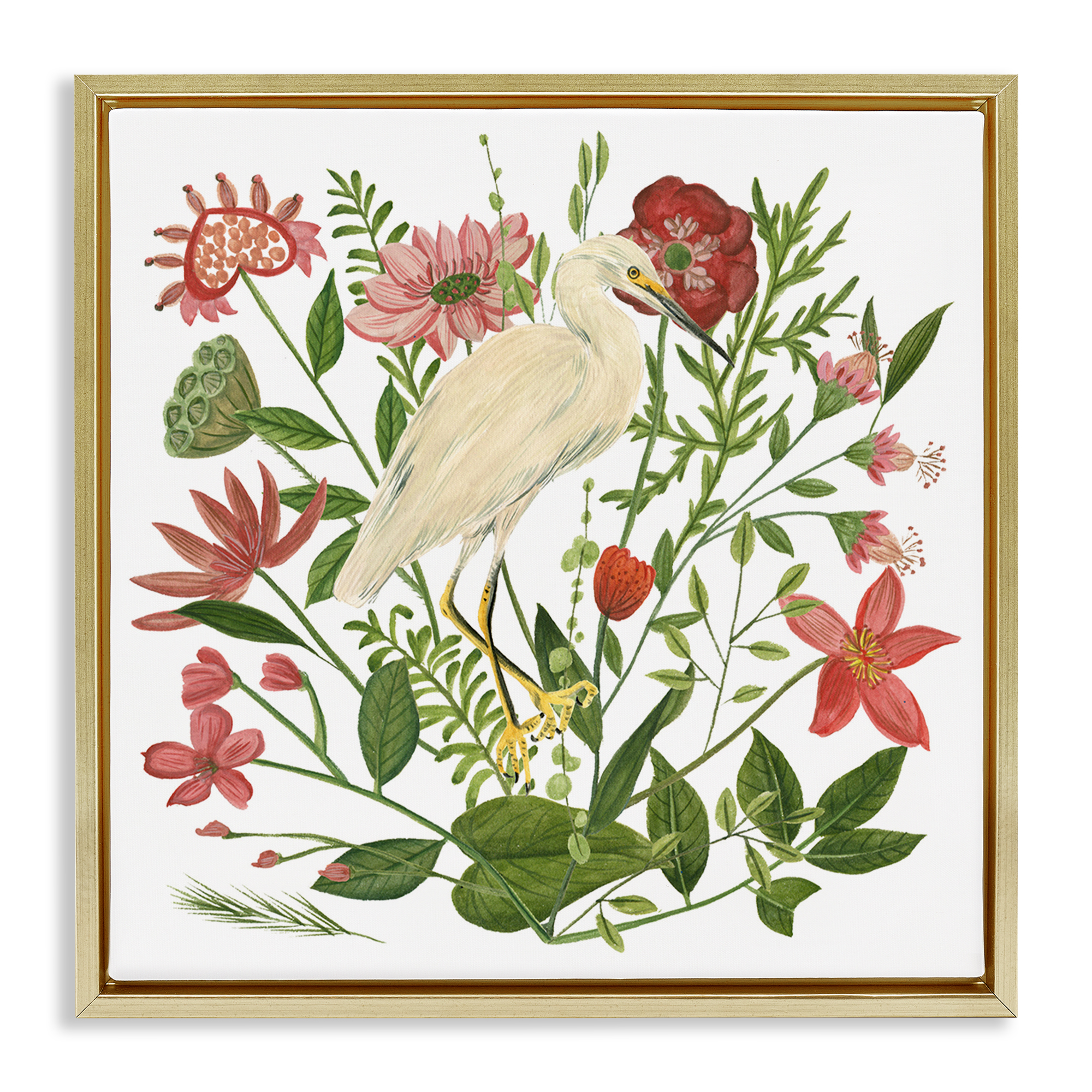 Stupell Industries Nautical Flowers & Egret Landscape Painting Gold Floater Framed Canvas Art Print Wall Art, 25 x 25