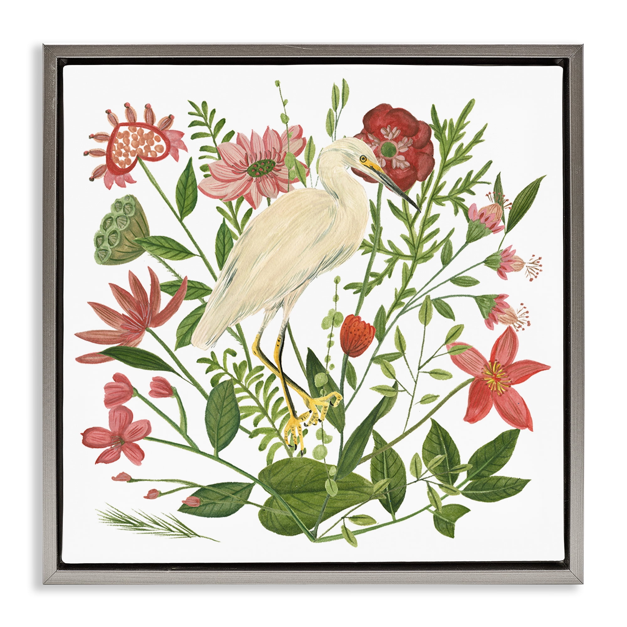 Stupell Industries Nautical Flowers & Egret Landscape Painting Gray Floater Framed Canvas Art Print Wall Art, 18 x 18