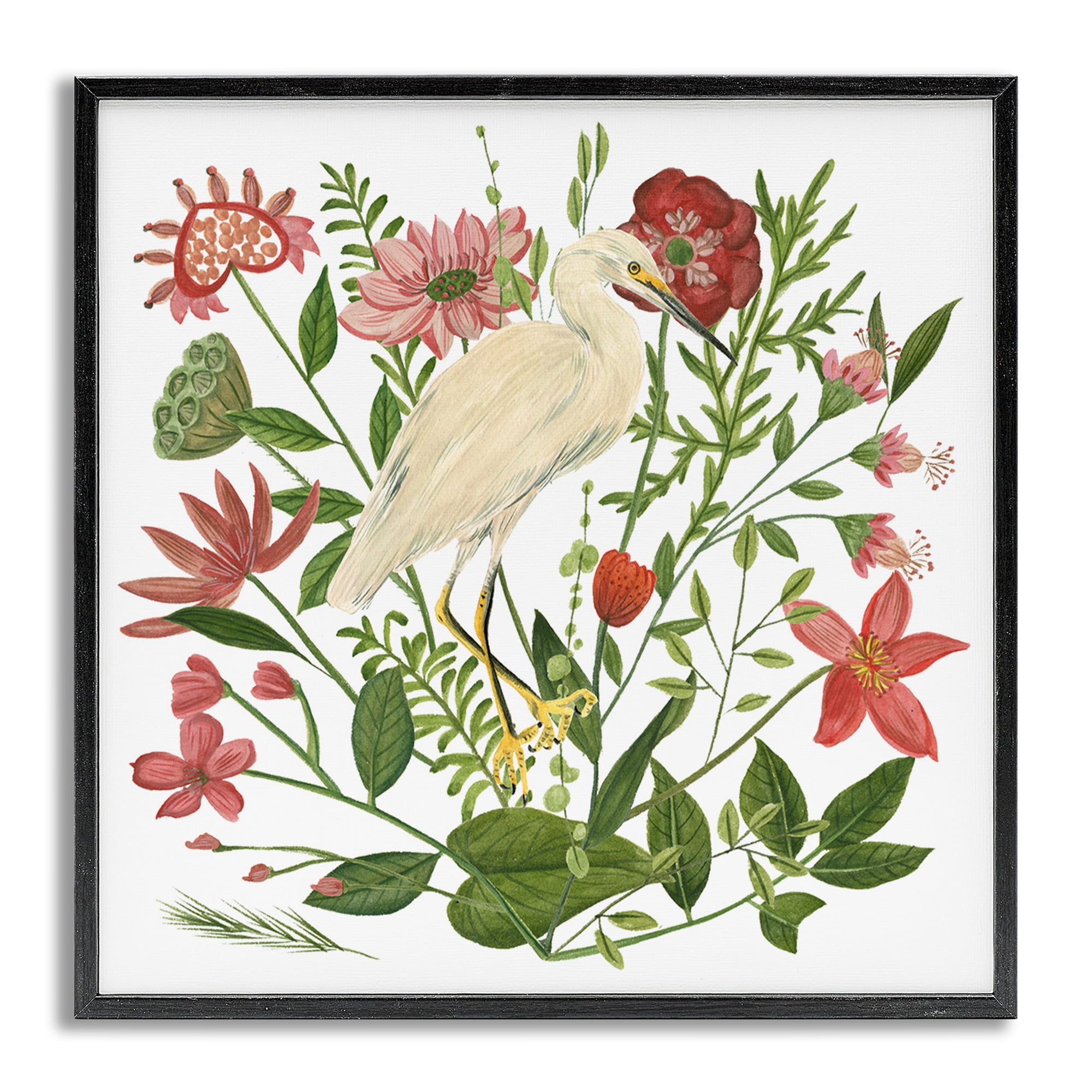 Stupell Industries Nautical Flowers & Egret Landscape Painting Gray Framed Art Print Wall Art, 17 x 17