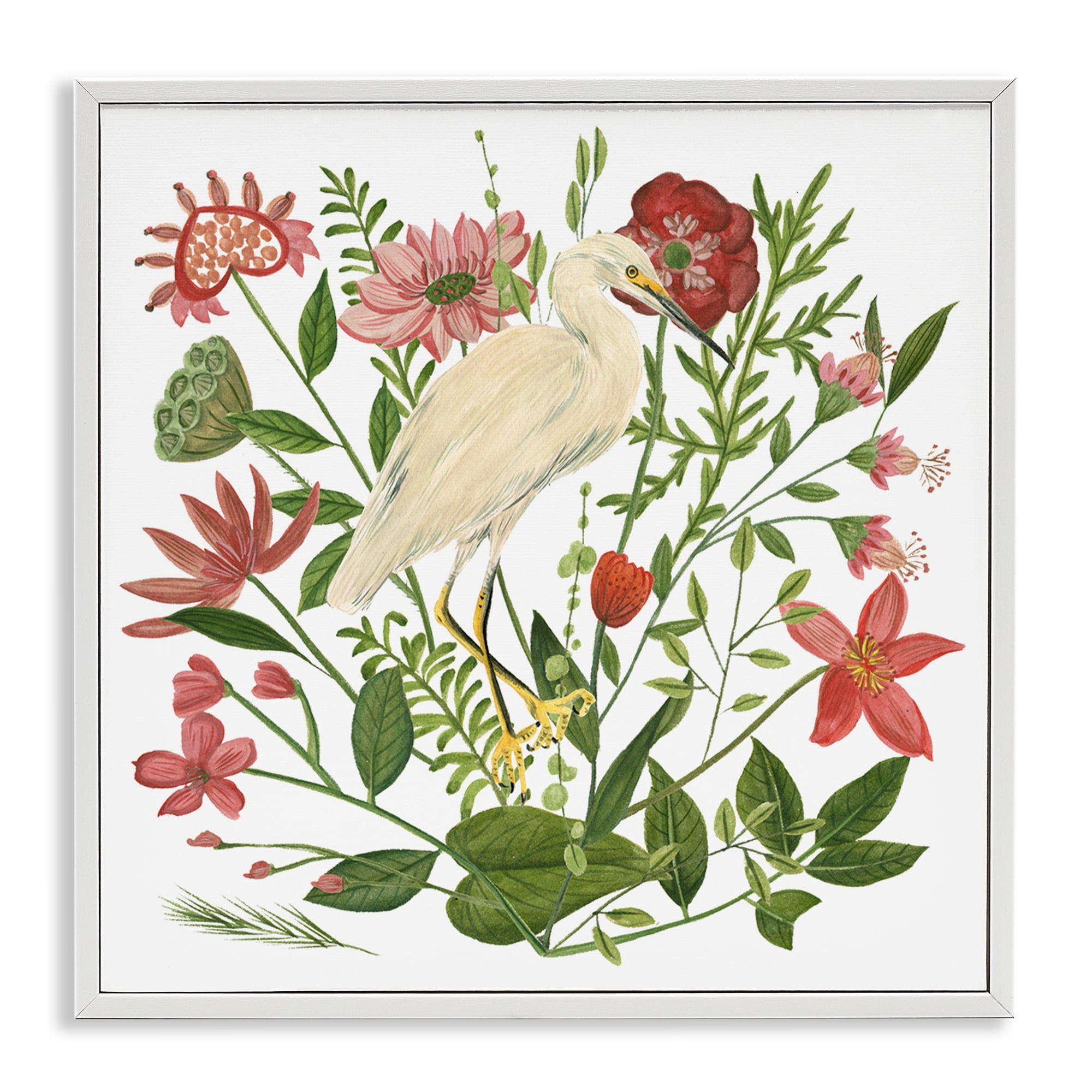 Stupell Industries Nautical Flowers & Egret Landscape Painting White Framed Art Print Wall Art, 17 x 17