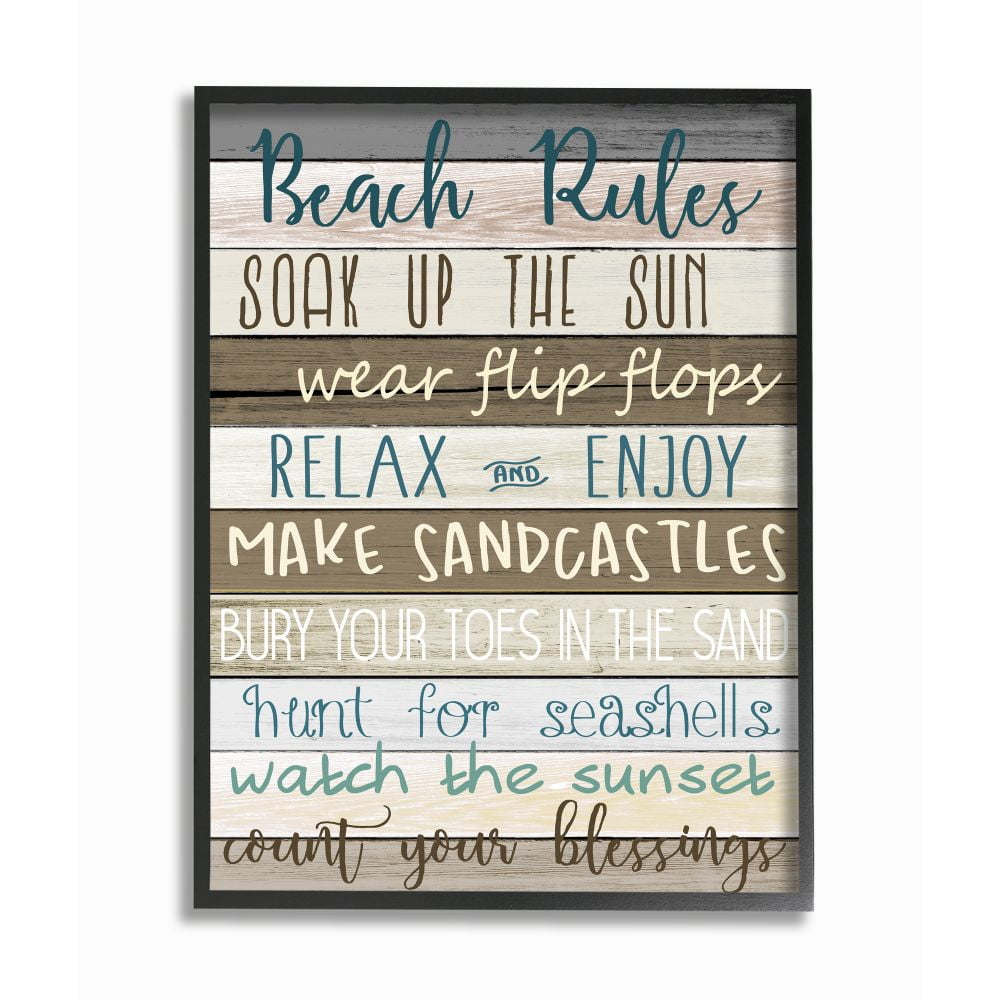 Stupell Industries Nautical Fun Beach Rules List Rustic Boardwalk Sign Framed Wall Art Design by Kim Allen, 11" x 14", Black Framed