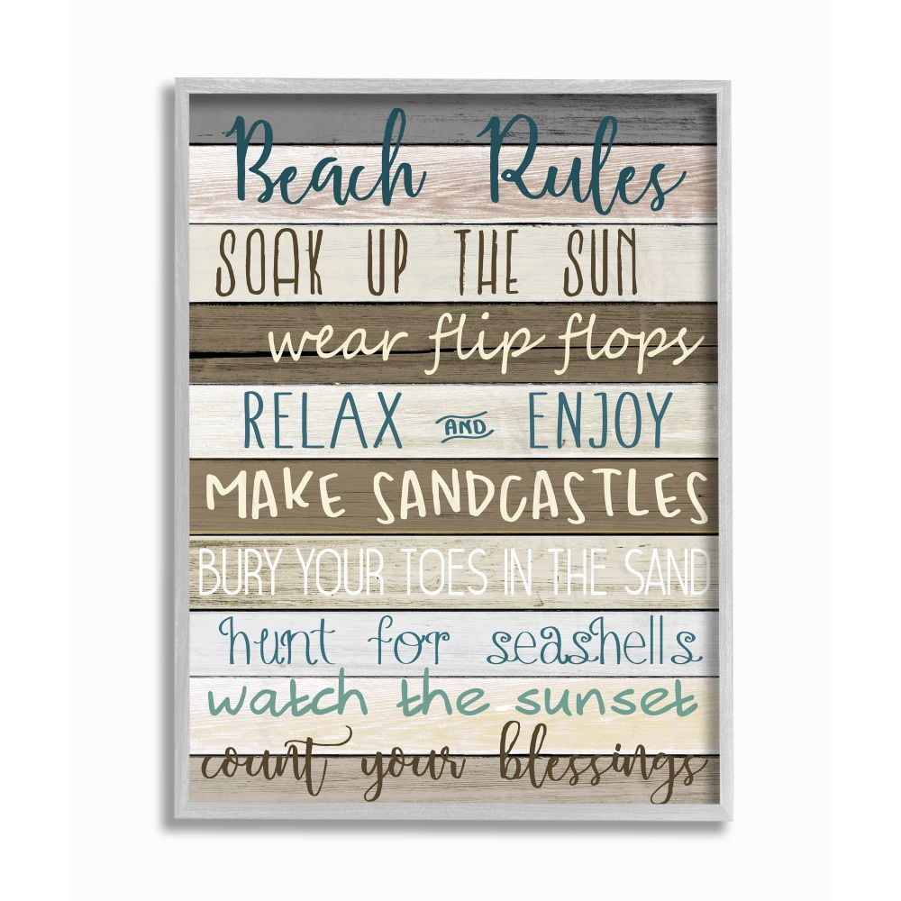 Stupell Industries Nautical Fun Beach Rules List Rustic Boardwalk Sign Framed Wall Art Design by Kim Allen, 11" x 14", Gray Framed