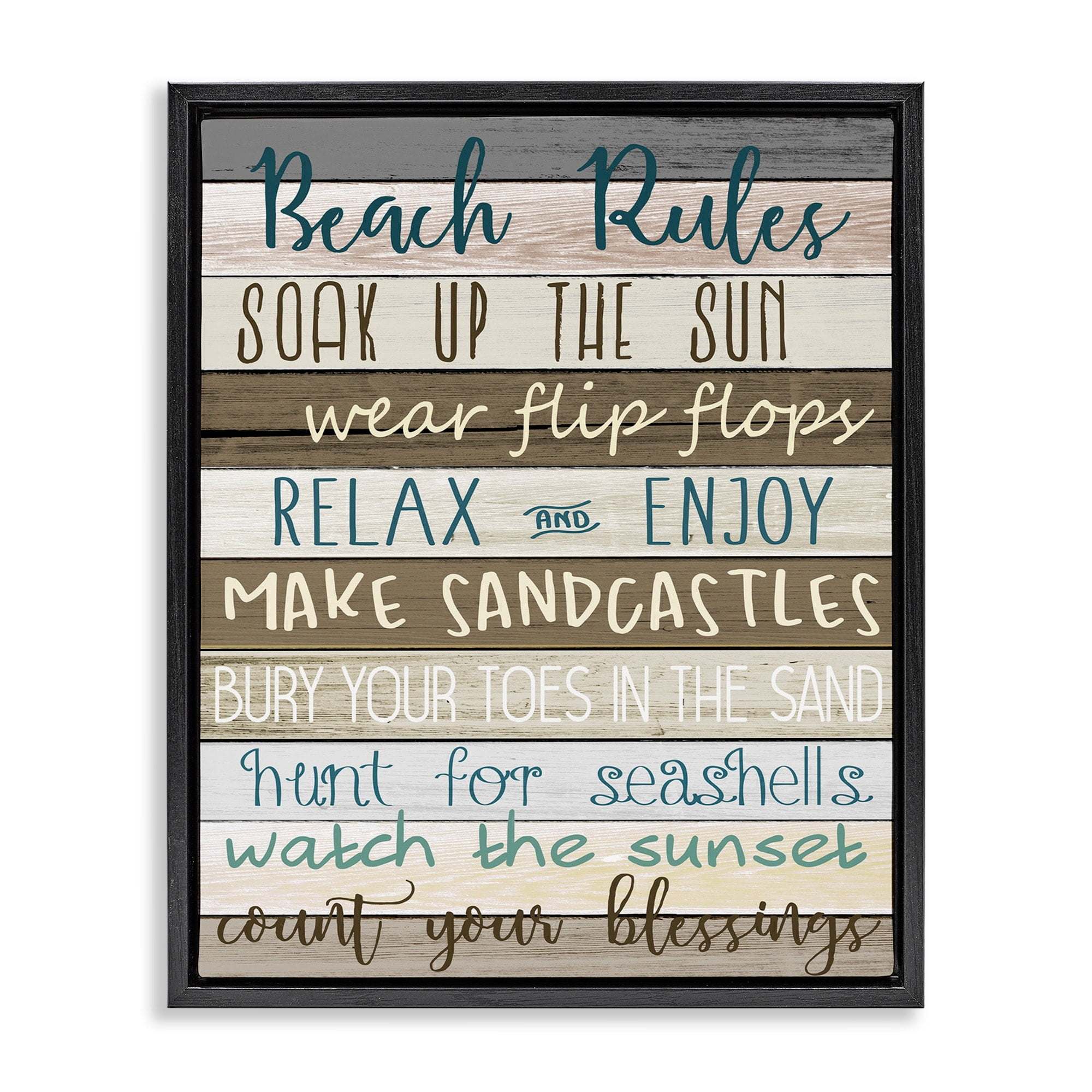 Stupell Industries Nautical Fun Beach Rules List Rustic Boardwalk Sign Jet Black Framed Floating Canvas Wall Art, 16x20, by Kim Allen