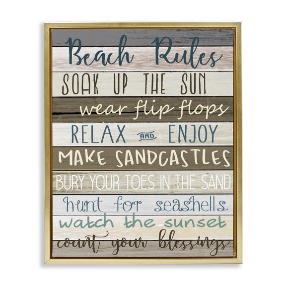 Stupell Industries Coastal Nautical Fun Beach Rules Gold Floating Frame Canvas Art, 25 x 31, by Kim Allen