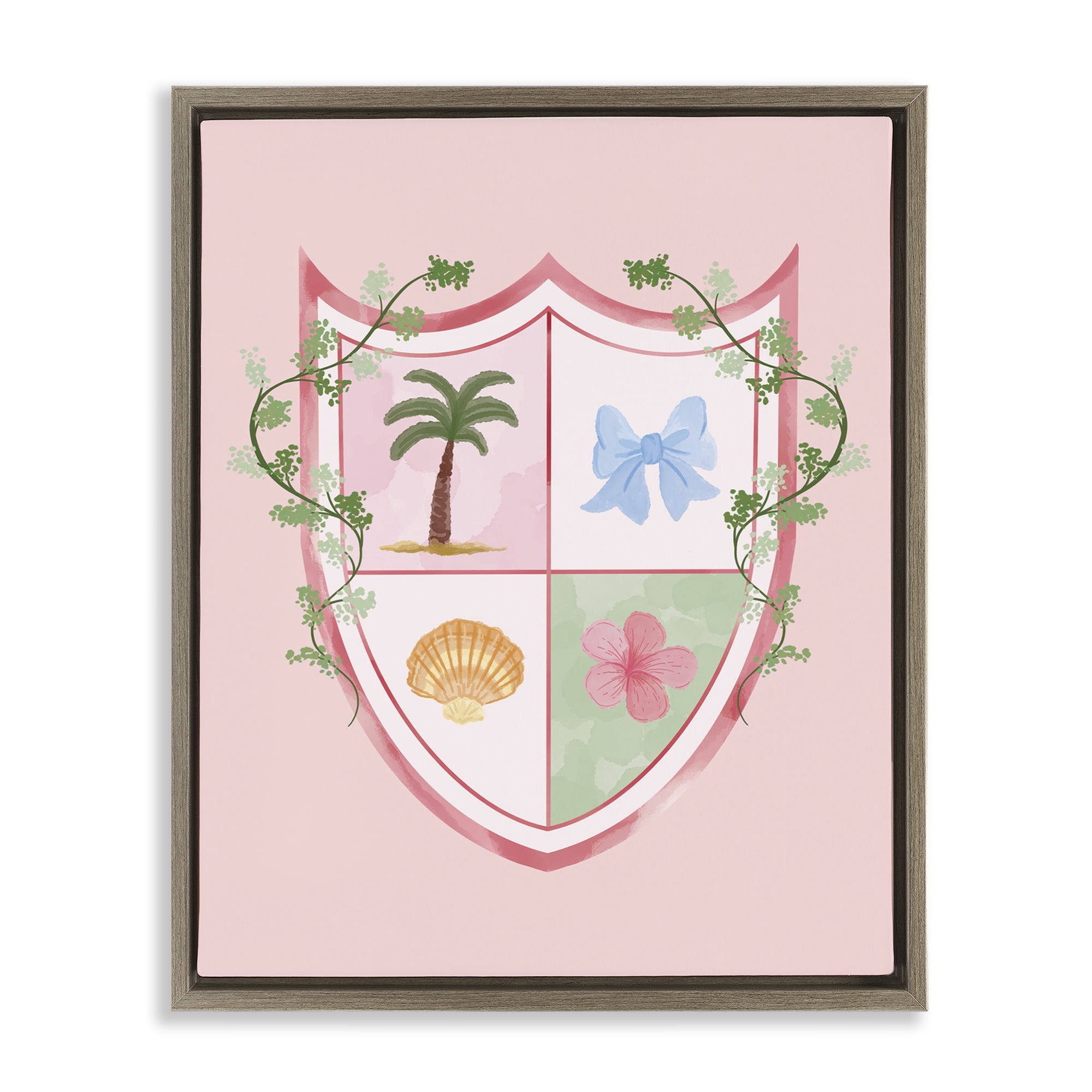 Stupell Industries Nautical Glam Emblem Plants & Flowers Painting Brown Floater Framed Canvas Art Print Wall Art, 17 x 21