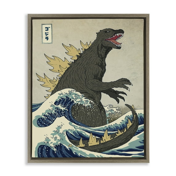 Stupell Industries Nautical Godzilla Eastern Style Illustration Fairy Tales & Fantasy Painting Brown Floater Framed Canvas Art Print Wall Art, 17 x 21