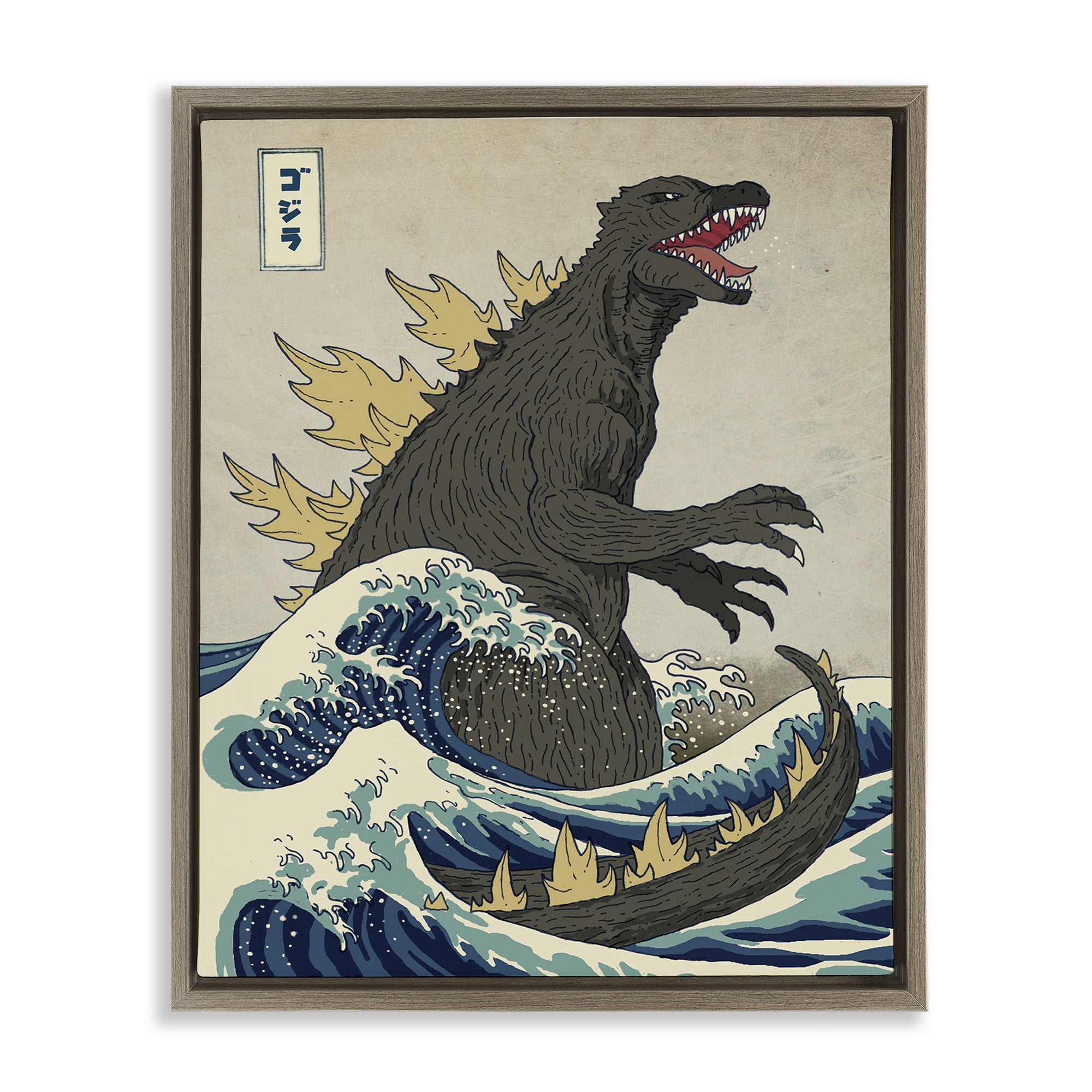Stupell Industries Nautical Godzilla Eastern Style Illustration Fairy Tales & Fantasy Painting Brown Floater Framed Canvas Art Print Wall Art, 25 x 31