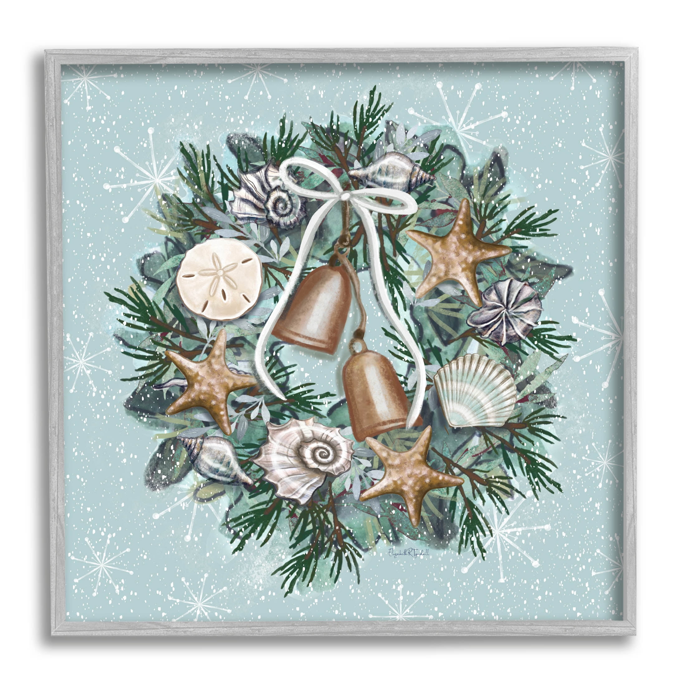 Stupell Industries Nautical Holiday Seashell Wreath Graphic Art Gray Framed Art Print Wall Art, Design by Elizabeth Tyndall