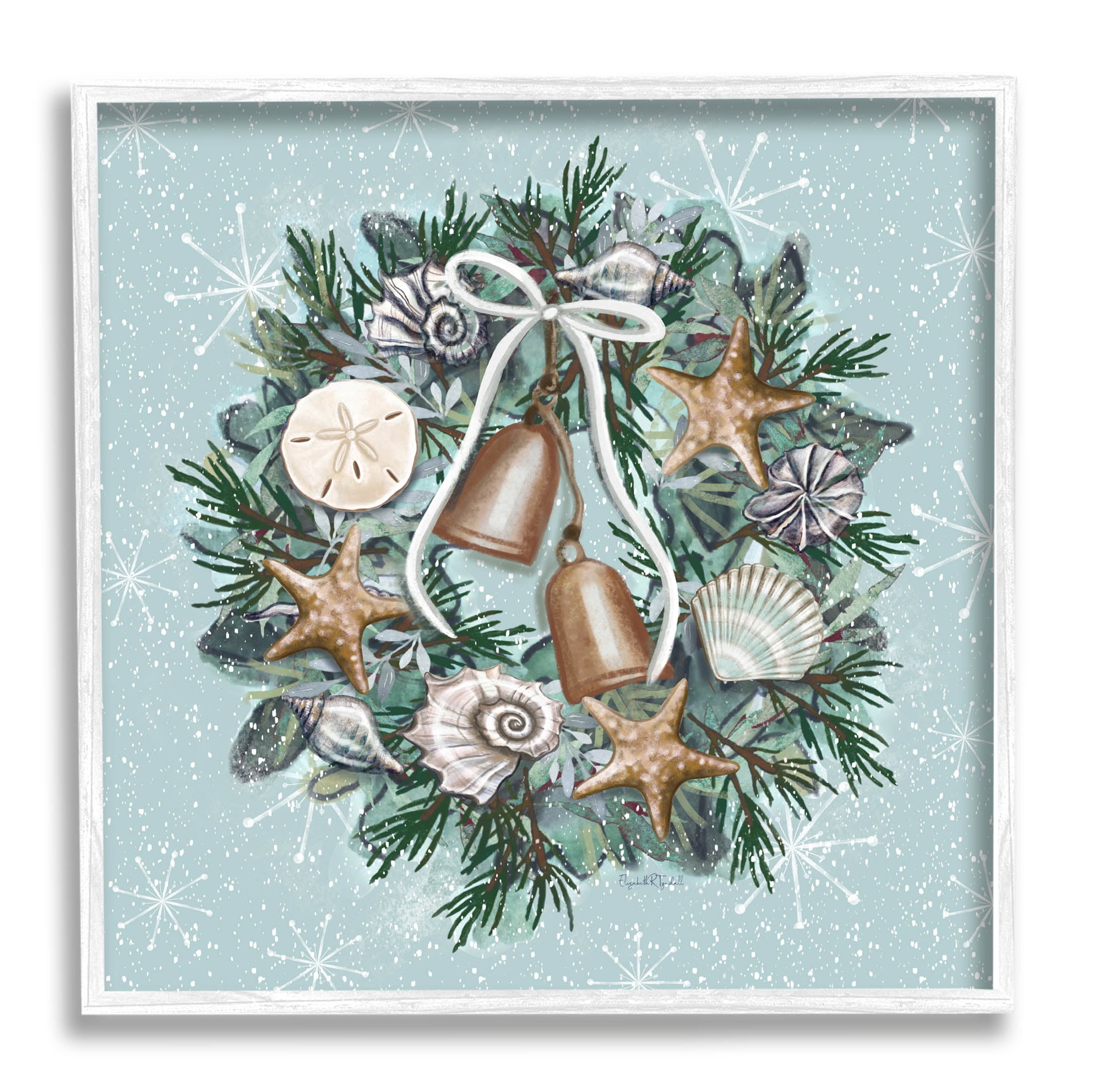 Stupell Industries Nautical Holiday Seashell Wreath Graphic Art White Framed Art Print Wall Art, Design by Elizabeth Tyndall