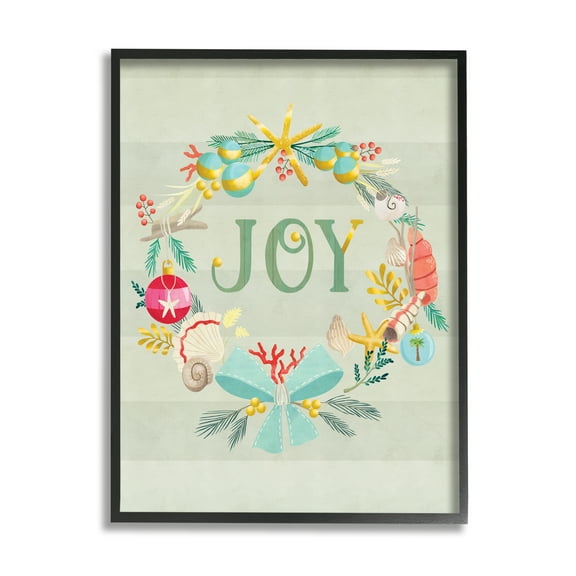 Stupell Industries Nautical Holiday Wreathe Joy Sentiment Green Stripes Nature Painting Black Framed Art Print Wall Art, 11 x 14