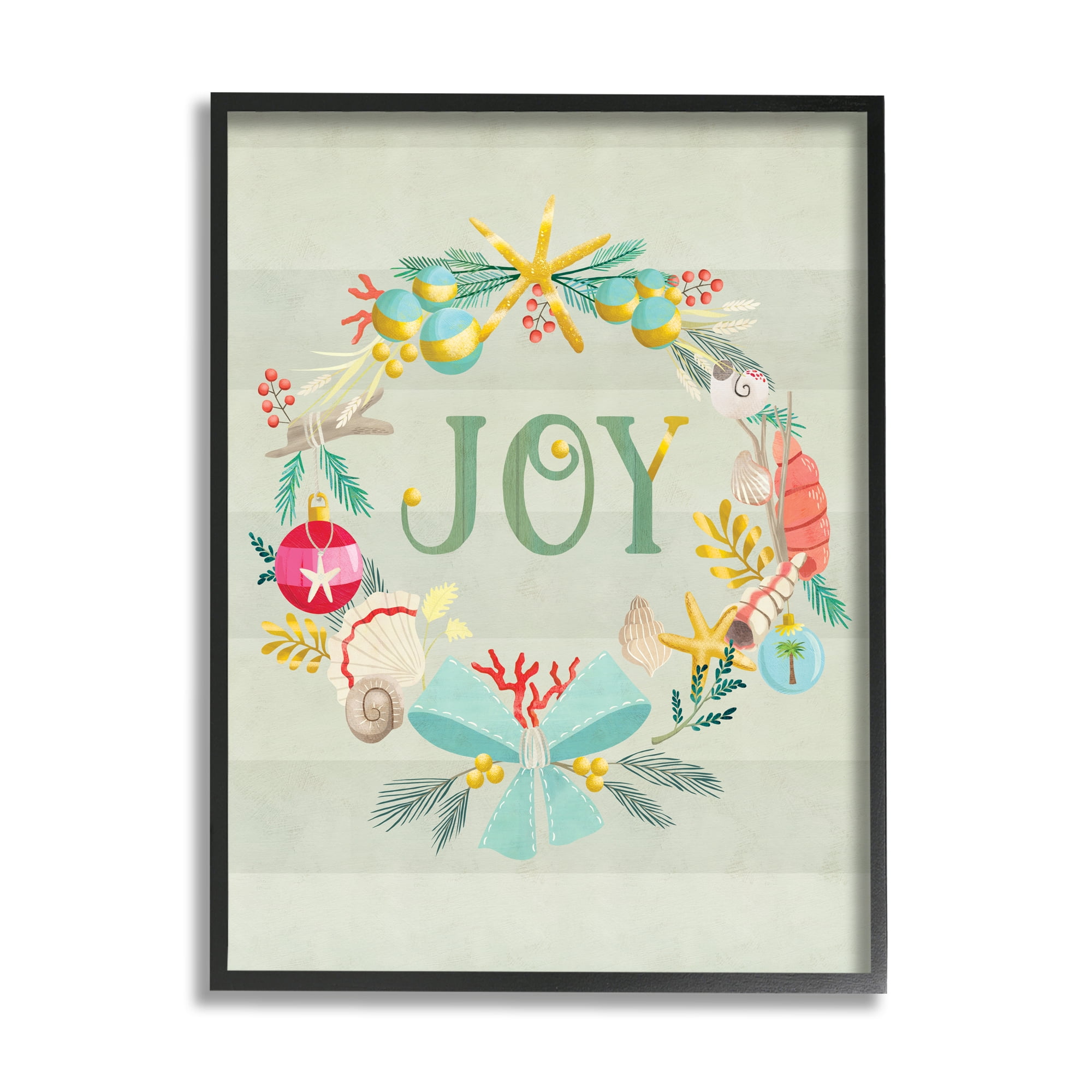 Stupell Industries Nautical Holiday Wreathe Joy Sentiment Green Stripes Nature Painting Black Framed Art Print Wall Art, 24 x 30