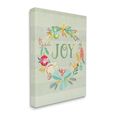 Stupell Industries Nautical Holiday Wreathe Joy Sentiment Green Stripes Nature Painting Gallery Wrapped Canvas Print Wall Art, 16 x 20