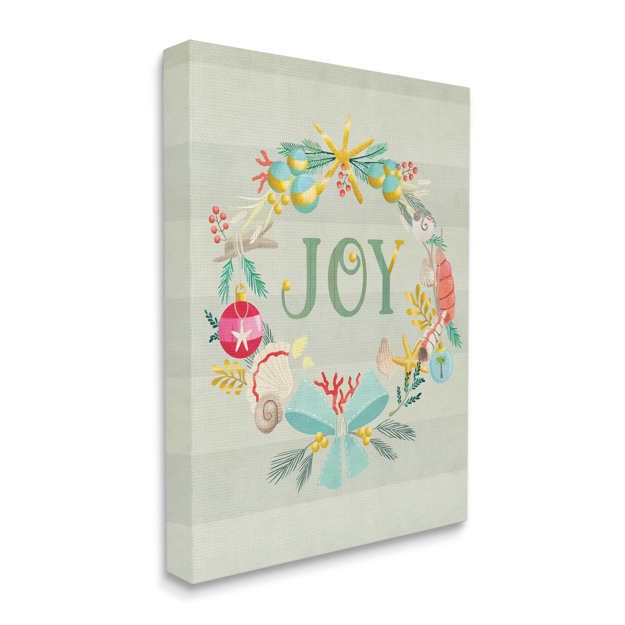 Stupell Industries Nautical Holiday Wreathe Joy Sentiment Green Stripes Nature Painting Gallery Wrapped Canvas Print Wall Art, 24 x 30