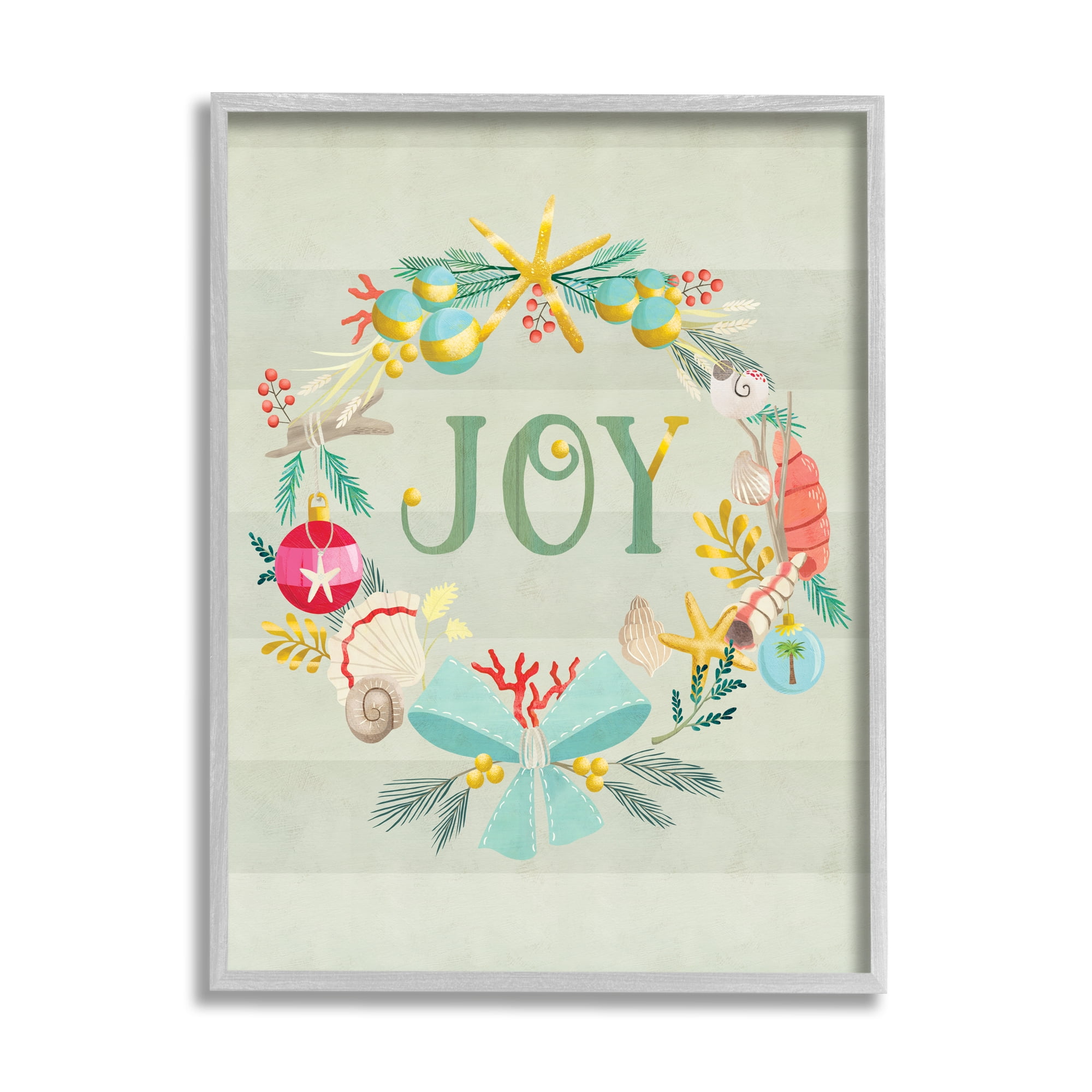 Stupell Industries Nautical Holiday Wreathe Joy Sentiment Green Stripes Nature Painting Gray Framed Art Print Wall Art, 11 x 14
