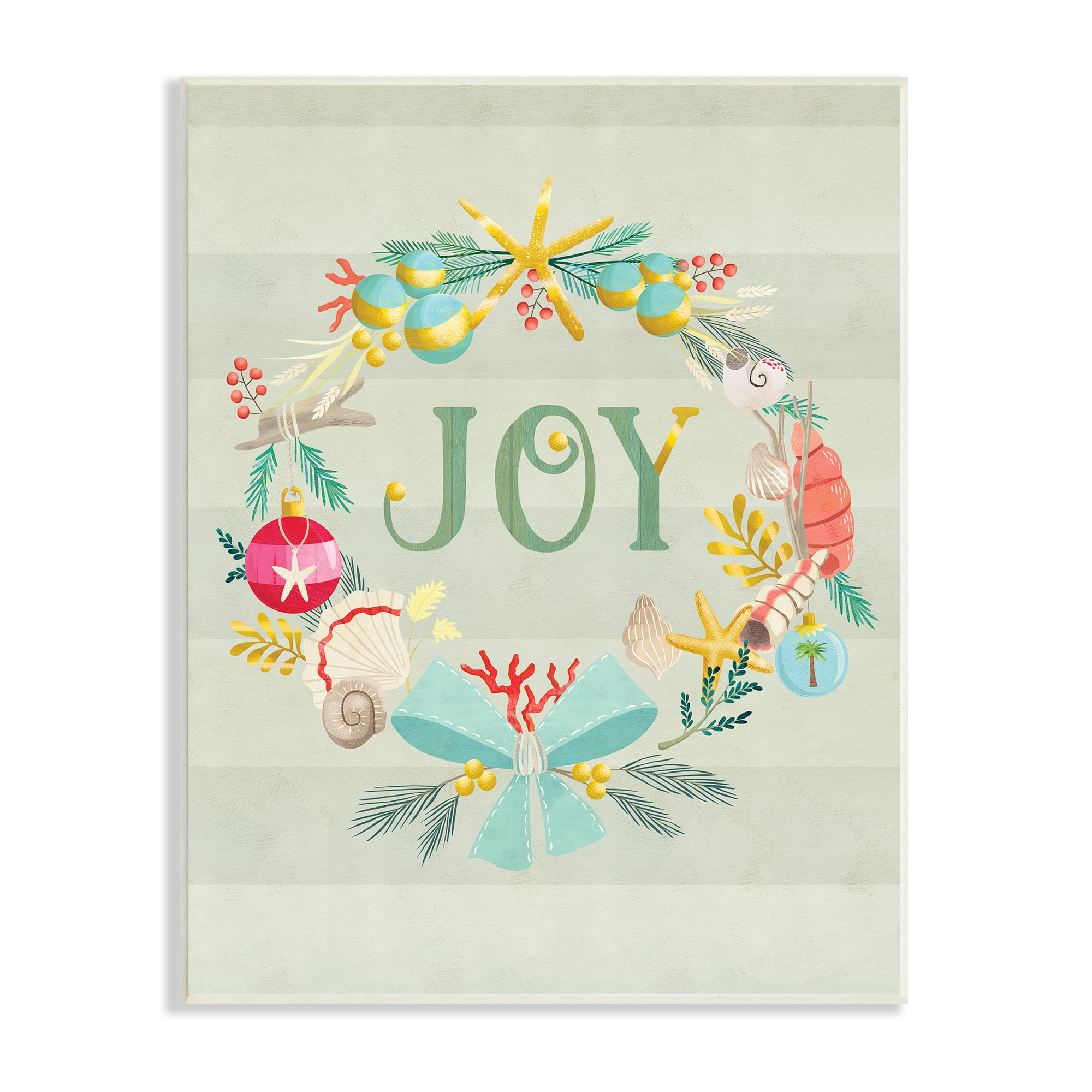Stupell Industries Nautical Holiday Wreathe Joy Sentiment Green Stripes Nature Painting Unframed Art Print Wall Art, 13 x 19