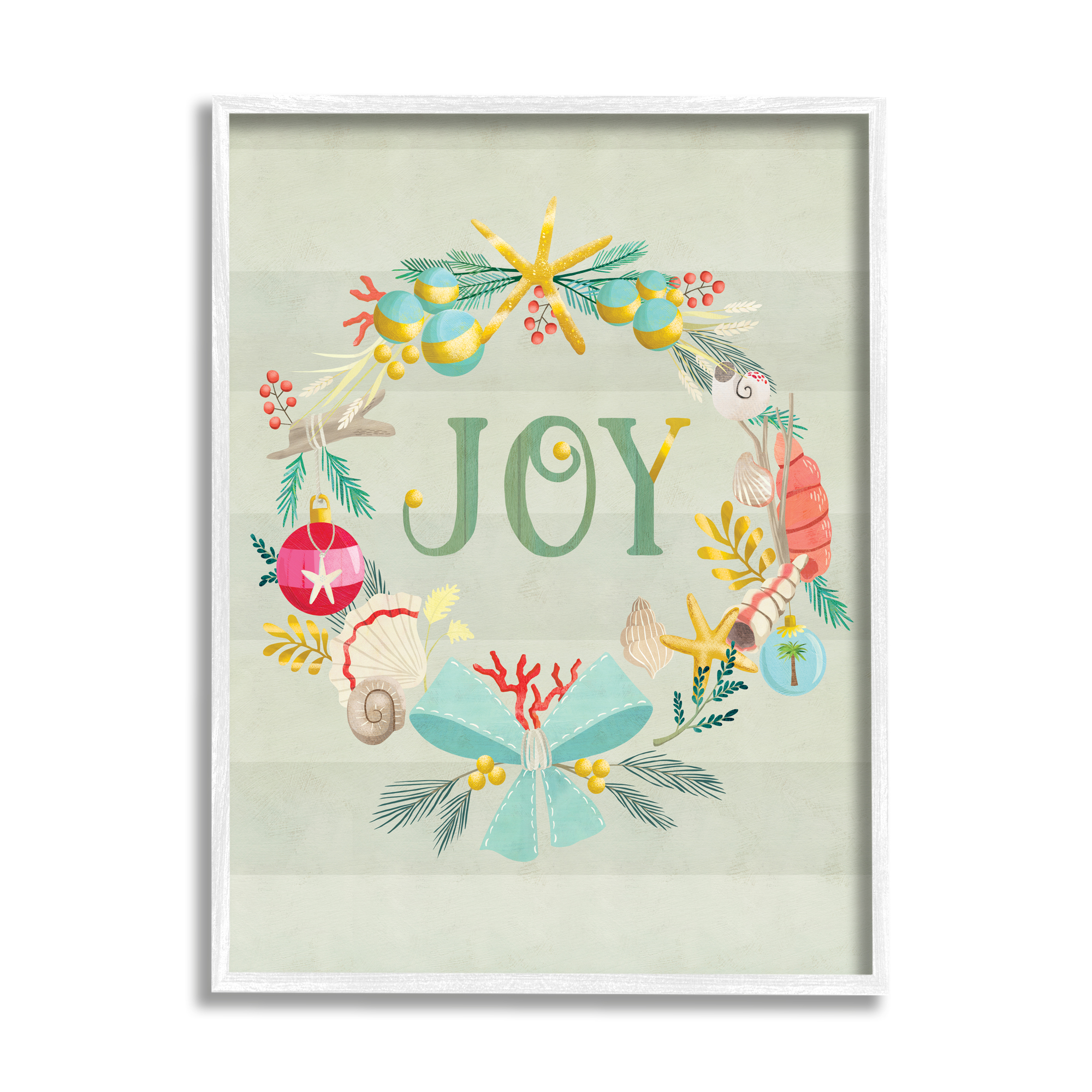 Stupell Industries Nautical Holiday Wreathe Joy Sentiment Green Stripes Nature Painting White Framed Art Print Wall Art, 11 x 14