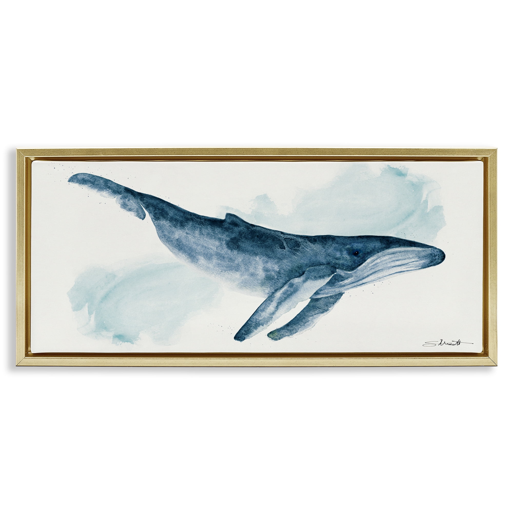 Stupell Industries Nautical Humpback Whale Animals & Insects Painting Gold Floater Framed Canvas Art Print Wall Art, 25 x 11