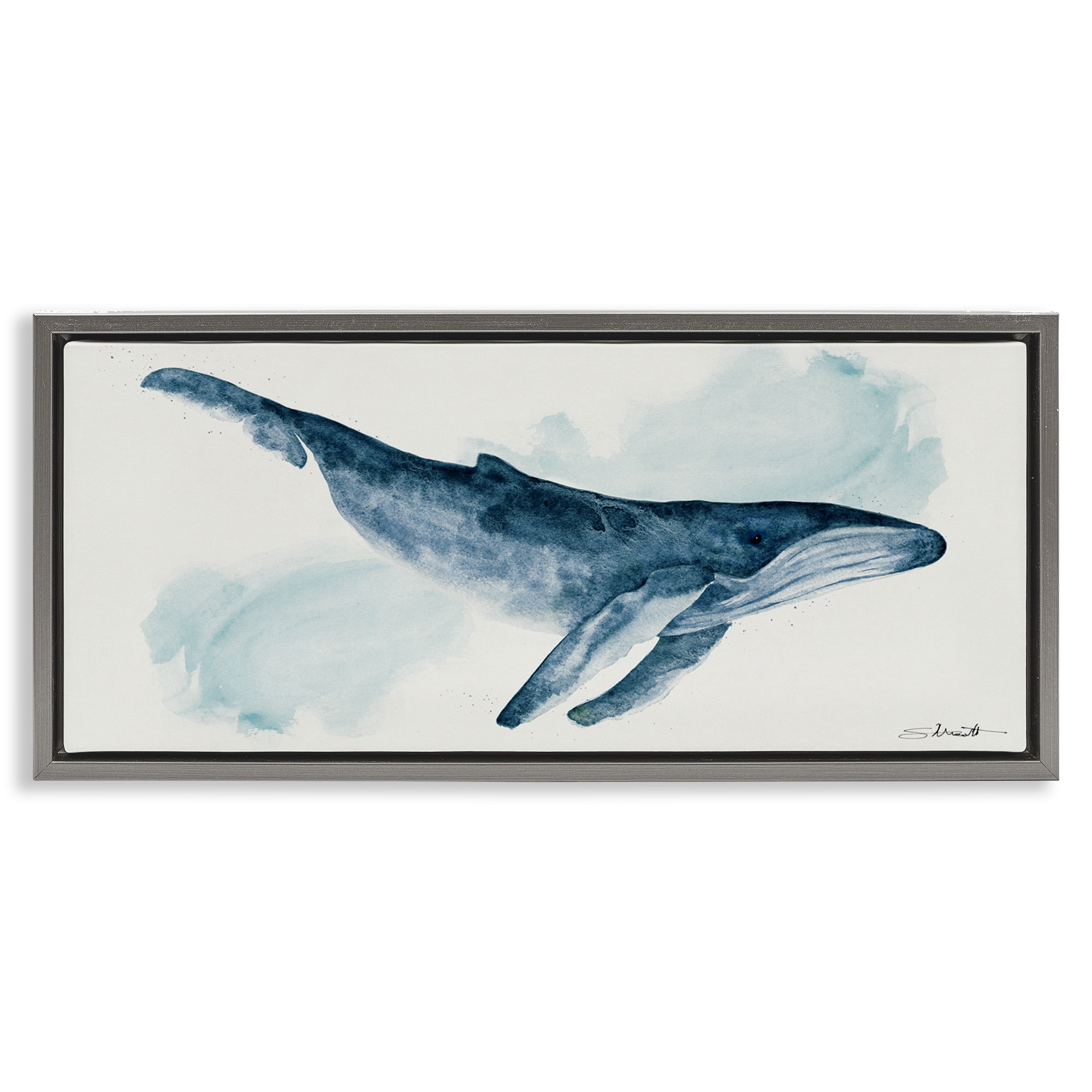 Stupell Industries Nautical Humpback Whale Animals & Insects Painting Gray Floater Framed Canvas Art Print Wall Art, 31 x 14