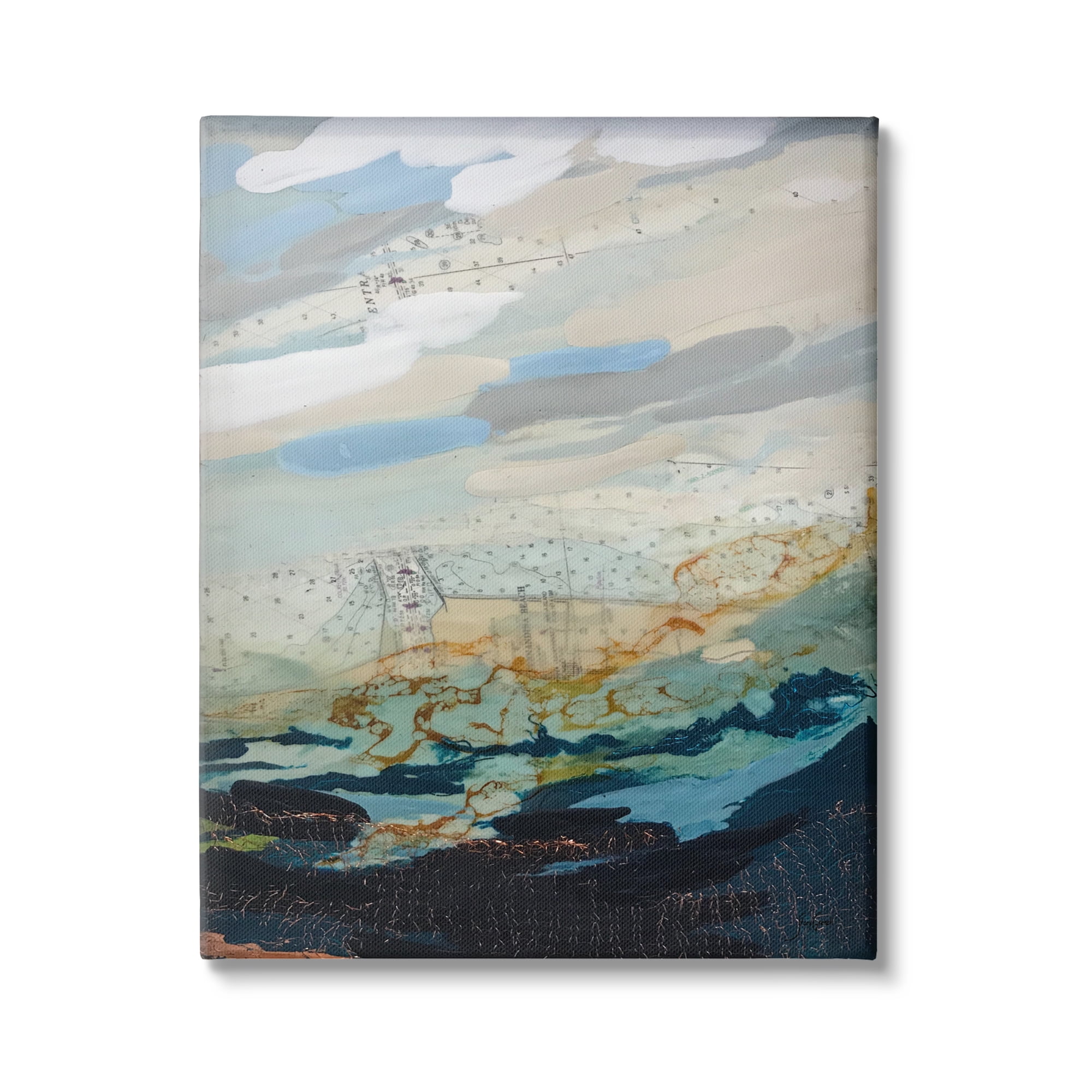 Large Blue and Beige Abstract Ocean Canvas Art with Wooden Frame