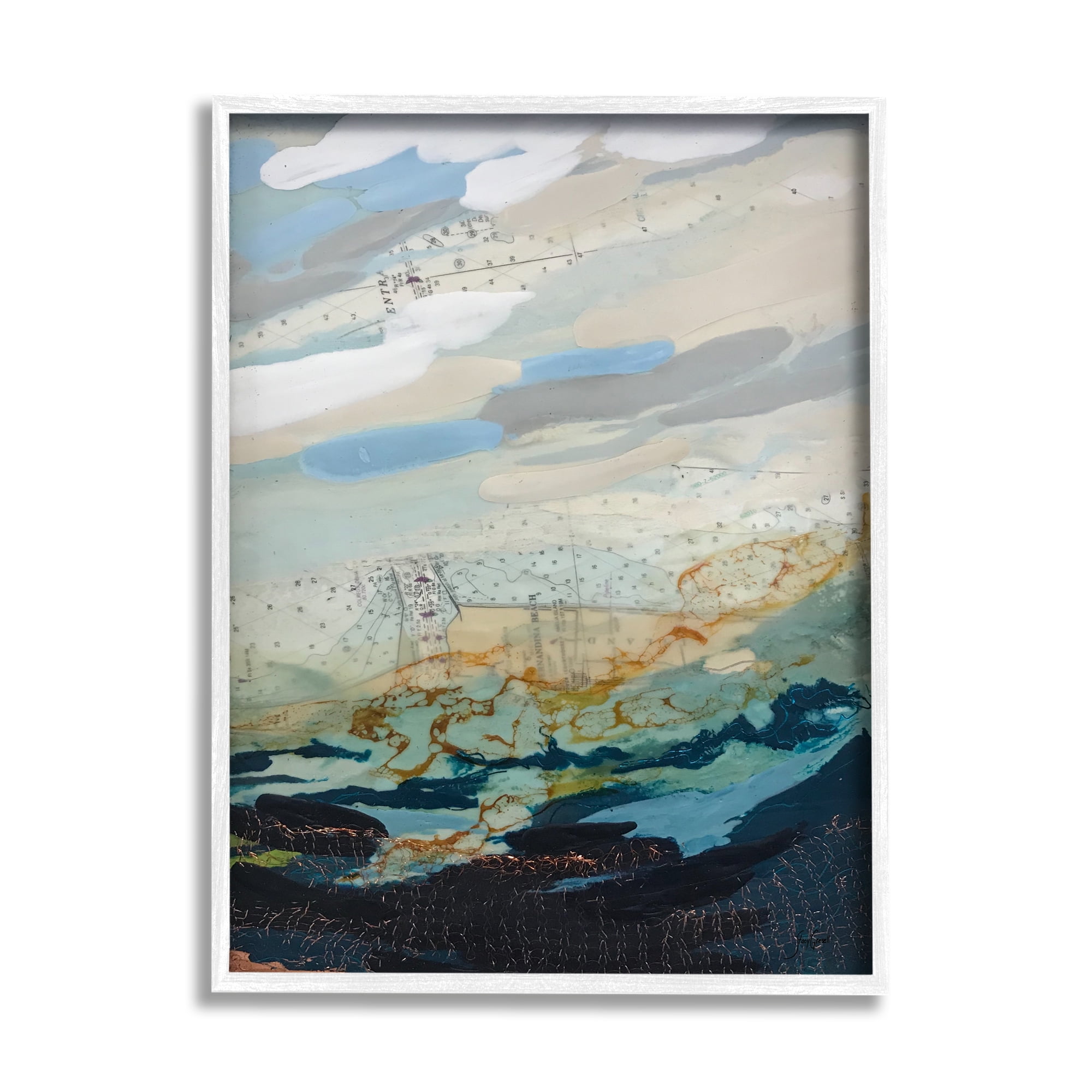 Stupell Industries Nautical Landscape Abstract Ocean Layered Map Collage Painting White Framed Art Print Wall Art, Design by Stacy Gresell