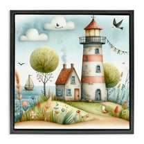 Stupell Industries Nautical Lighthouse Whimsy Nautical & Beach Painting Black Floater Framed Canvas Art Print Wall Art, 18 x 18