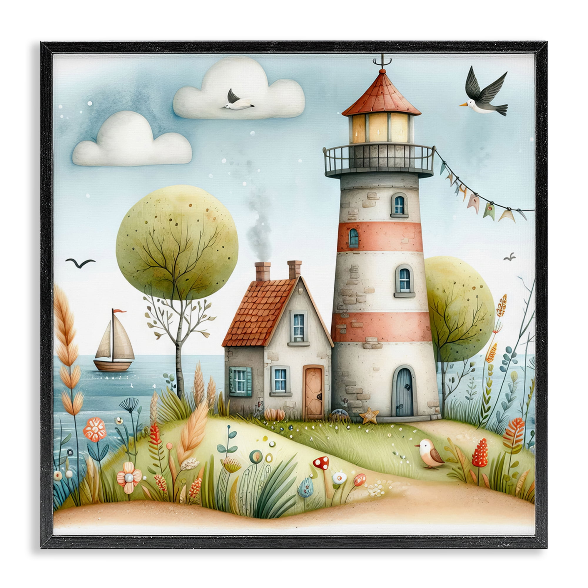 Stupell Industries Nautical Lighthouse Whimsy Nautical & Beach Painting Black Framed Art Print Wall Art, 12 x 12