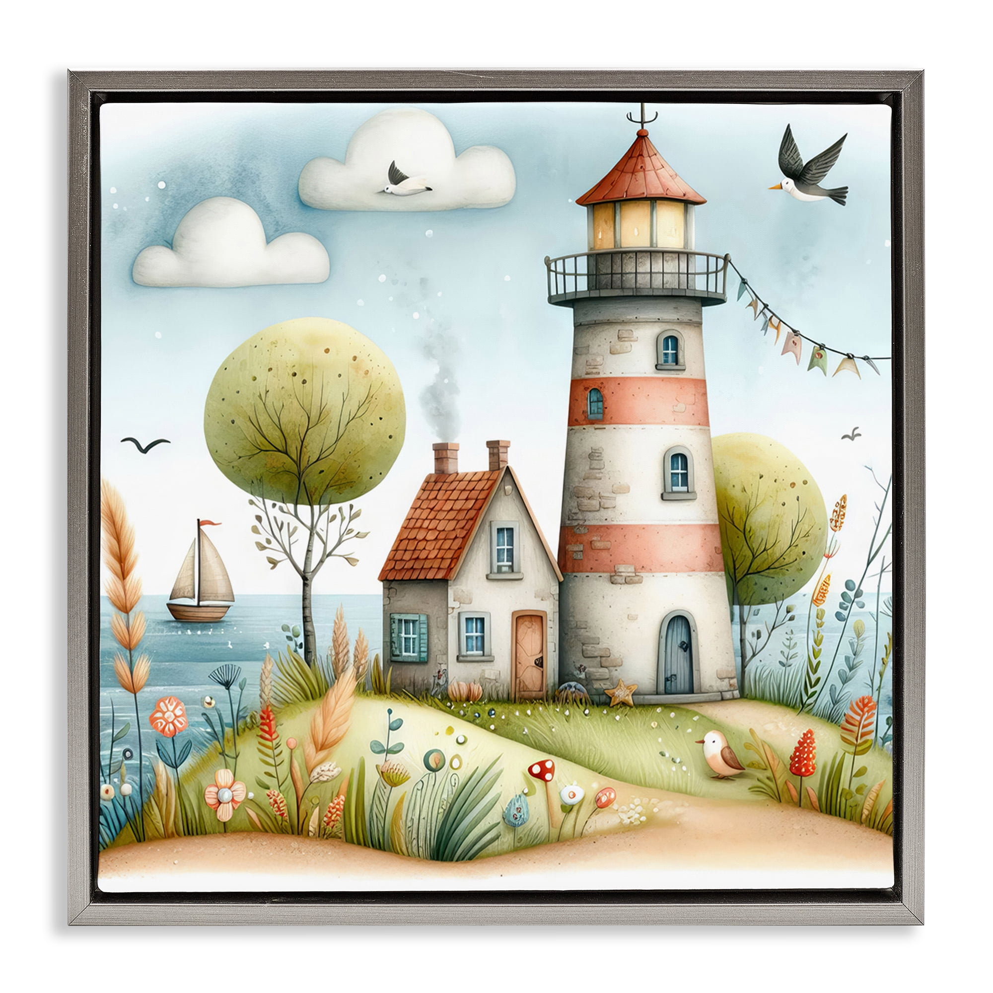Stupell Industries Nautical Lighthouse Whimsy Nautical & Beach Painting Gray Floater Framed Canvas Art Print Wall Art, 25 x 25