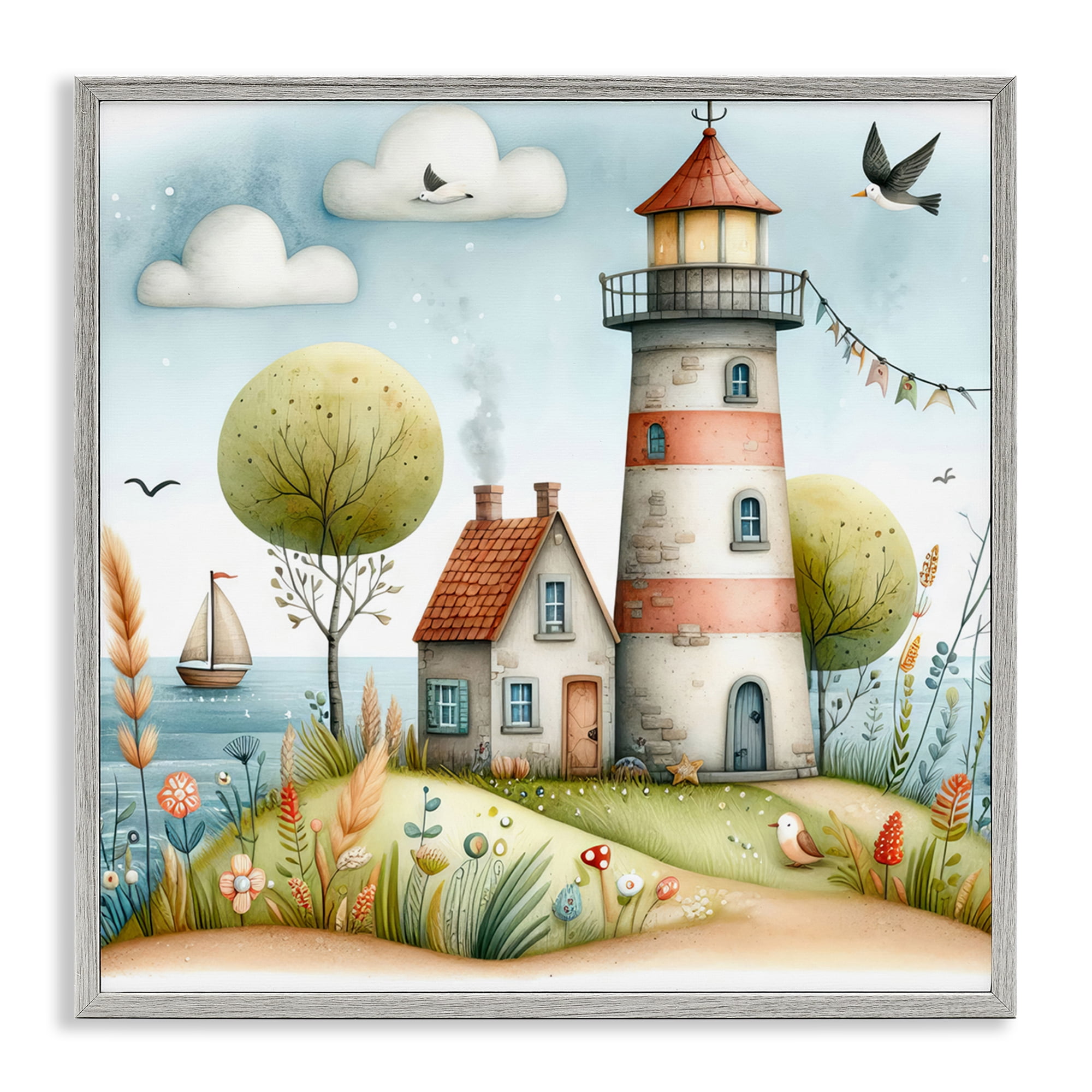 Stupell Industries Nautical Lighthouse Whimsy Nautical & Beach Painting Gray Framed Art Print Wall Art, 17 x 17