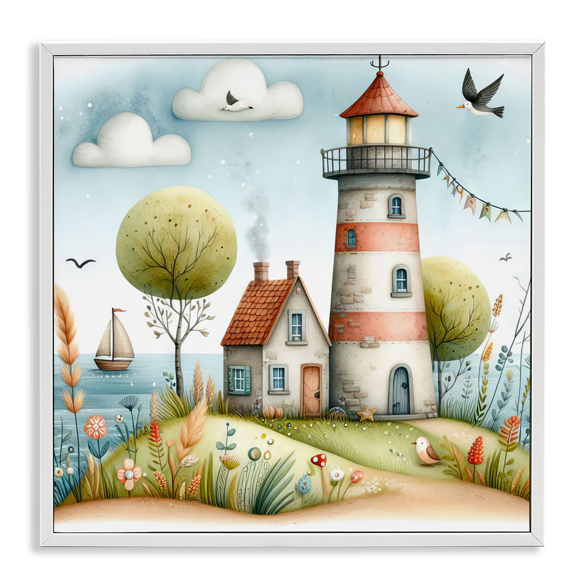 Stupell Industries Nautical Lighthouse Whimsy Nautical & Beach Painting White Framed Art Print Wall Art, 17 x 17