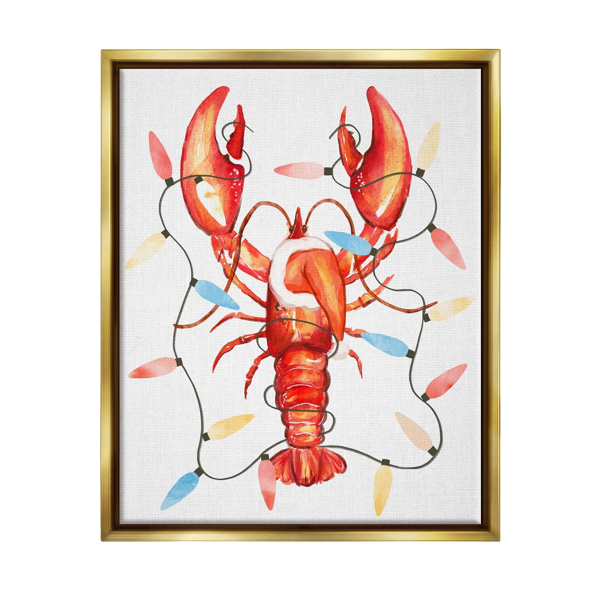 Stupell Industries Nautical Lobster Christmas Lights Holiday Painting Gold Floater Framed Art Print Wall Art