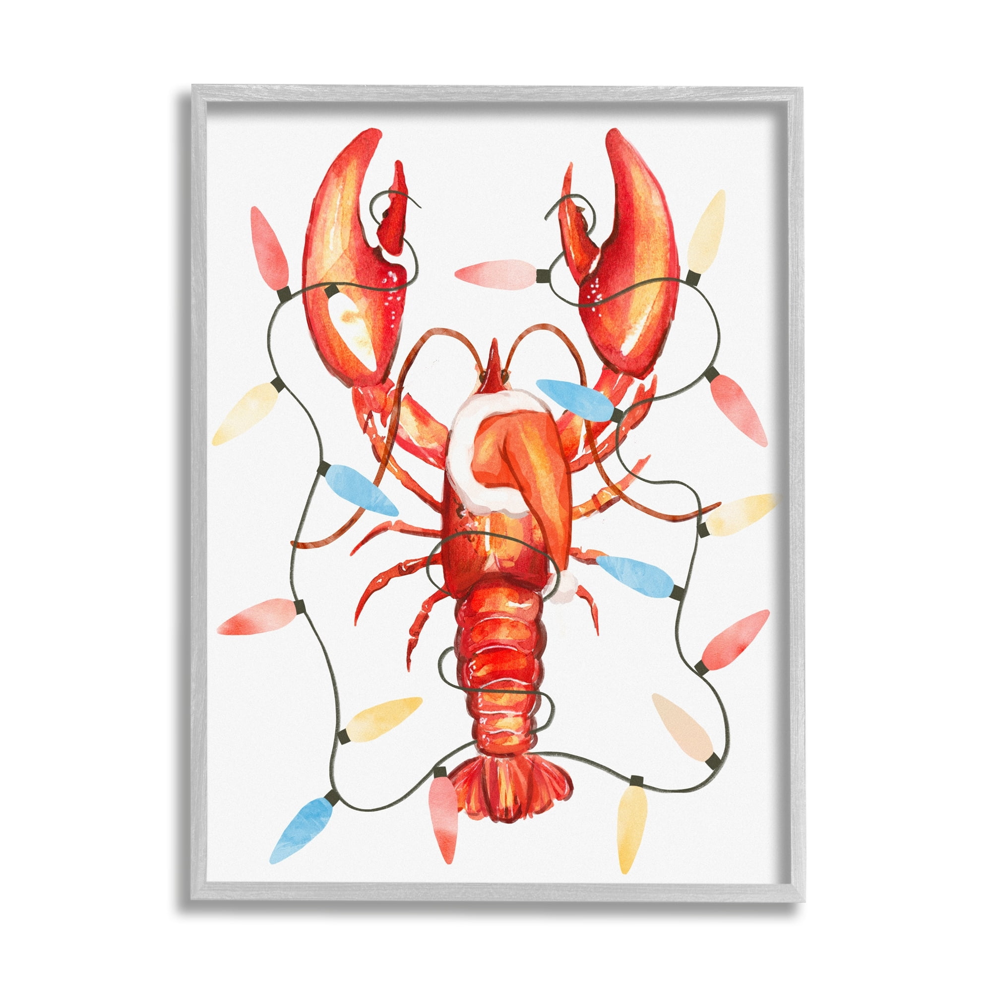 Stupell Industries Nautical Lobster Christmas Lights Holiday Painting Gray Framed Art Print Wall Art