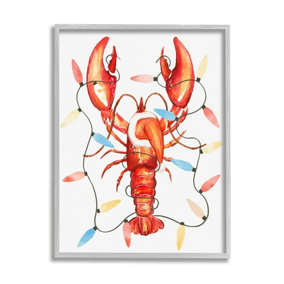 Stupell Industries Nautical Lobster Christmas Lights Holiday Painting Gray Framed Art Print Wall Art