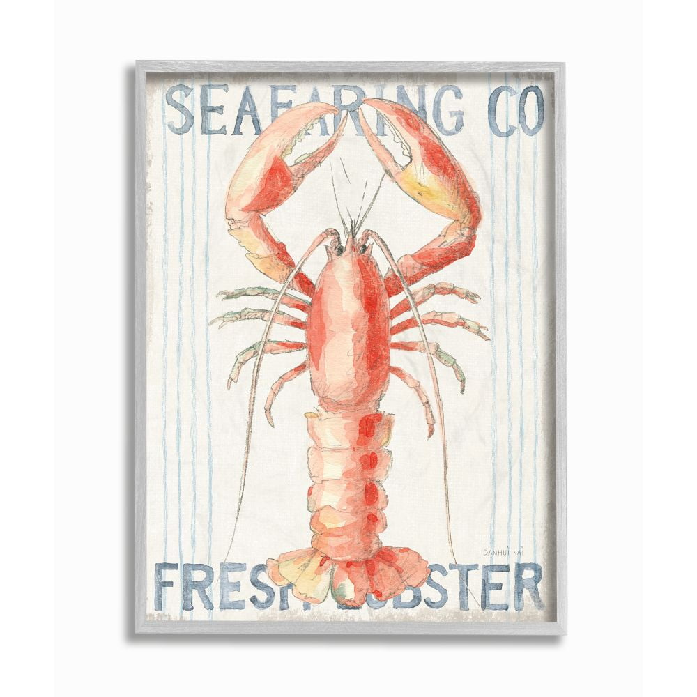 Stupell Industries Nautical Lobster Seafood Sign Blue Red Watercolor Framed Wall Art Design by Danhui Nai, 11" x 14", Gray Framed
