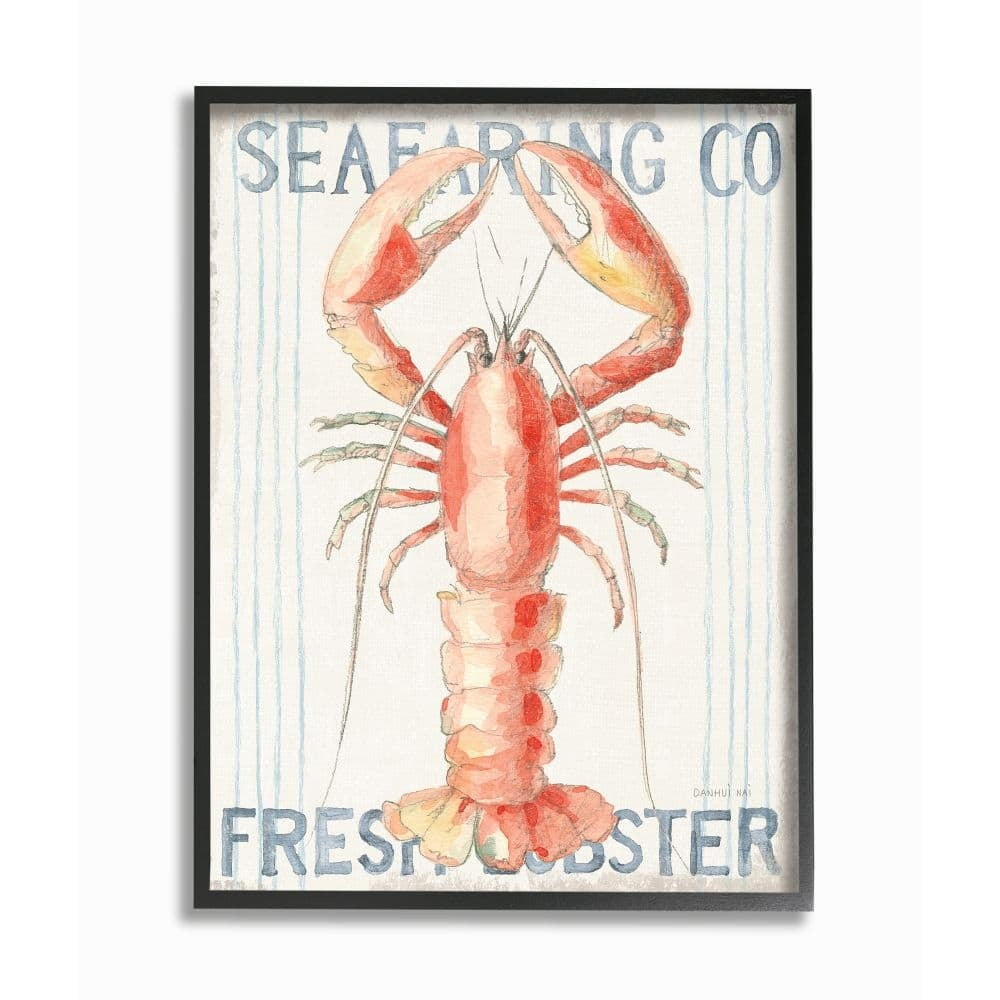 Stupell Industries Nautical Lobster Seafood Sign Blue Red Watercolor Framed Wall Art Design by Danhui Nai, 24" x 30", Black Framed