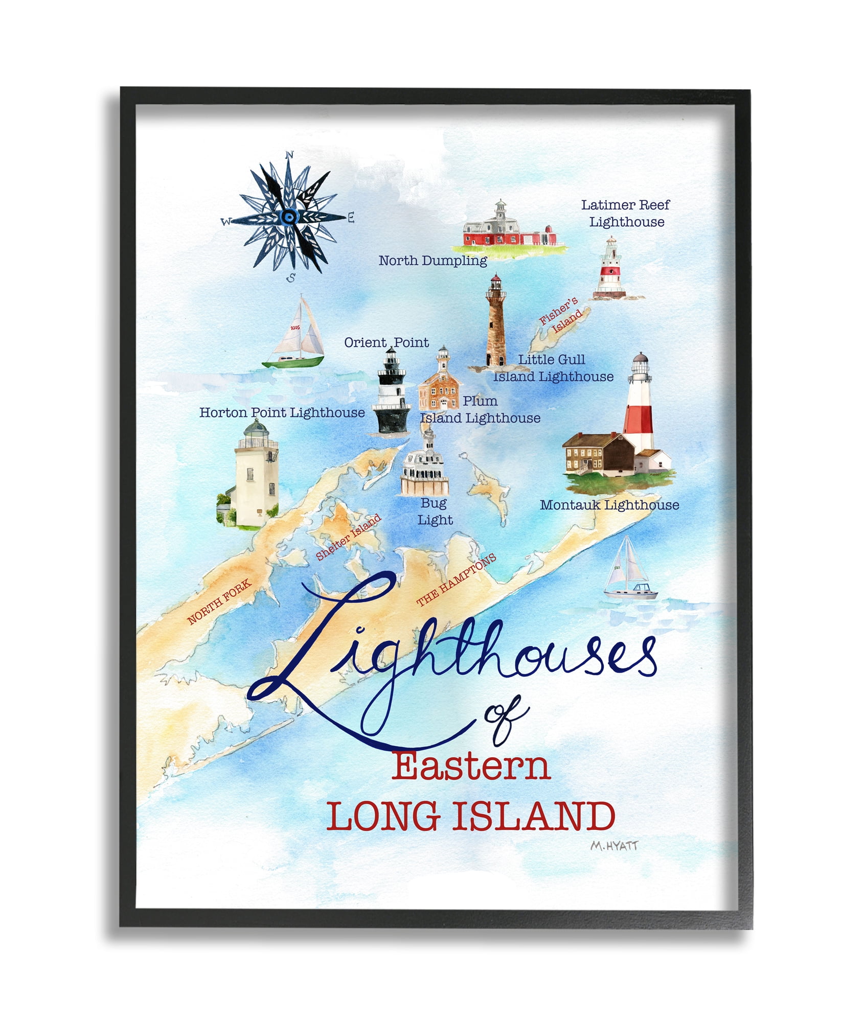Stupell Industries Nautical Map of Eastern Long Island Lighthouses Black Framed, 24 x 30, Design by Melissa Hyatt LLC
