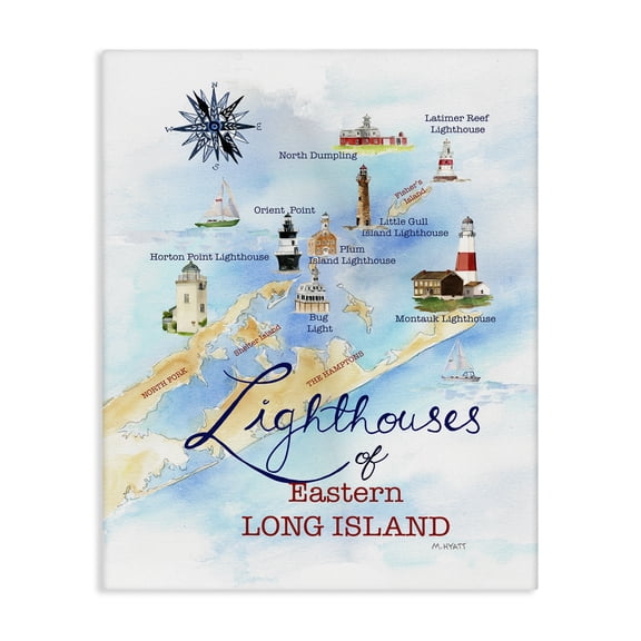 Stupell Industries Traditional Nautical Map of Eastern Long Island Lighthouses Canvas Art, 16 x 20, by Melissa Hyatt
