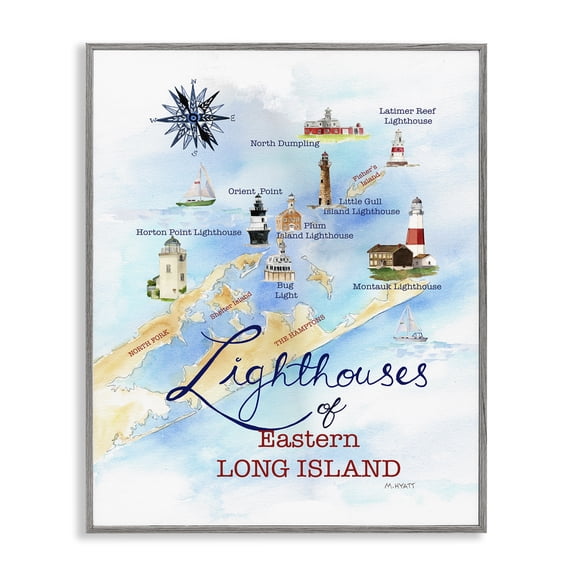 Stupell Industries Traditional Nautical Map of Eastern Long Island Lighthouses Gray Framed Giclee Art, 11 x 14, by Melissa Hyatt