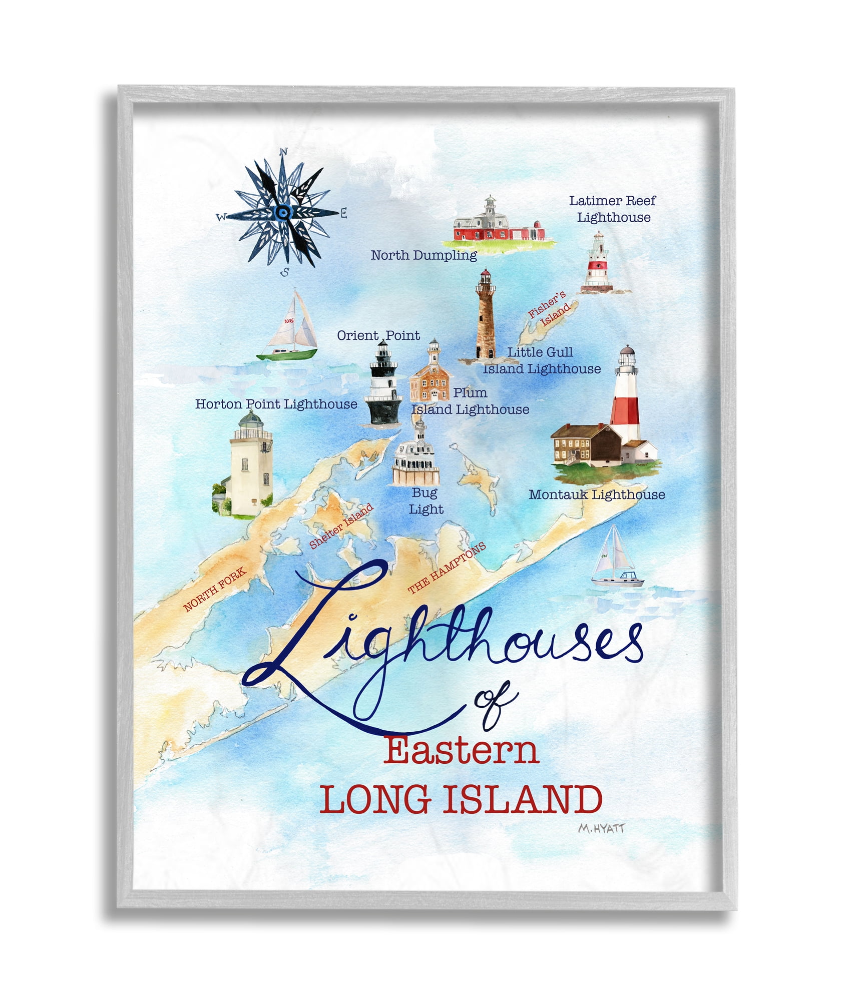 Stupell Industries Nautical Map of Eastern Long Island Lighthouses Grey Framed, 16 x 20, Design by Melissa Hyatt LLC