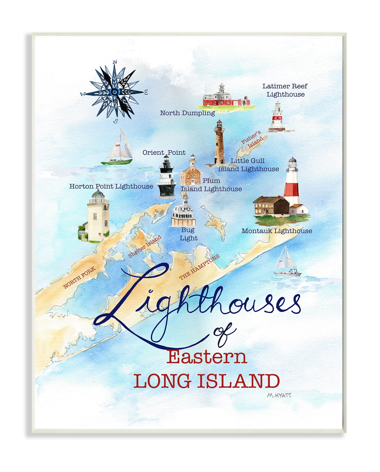 Stupell Industries Nautical Map of Eastern Long Island Lighthouses Wall Plaque, 10 x 15, Design by Melissa Hyatt LLC