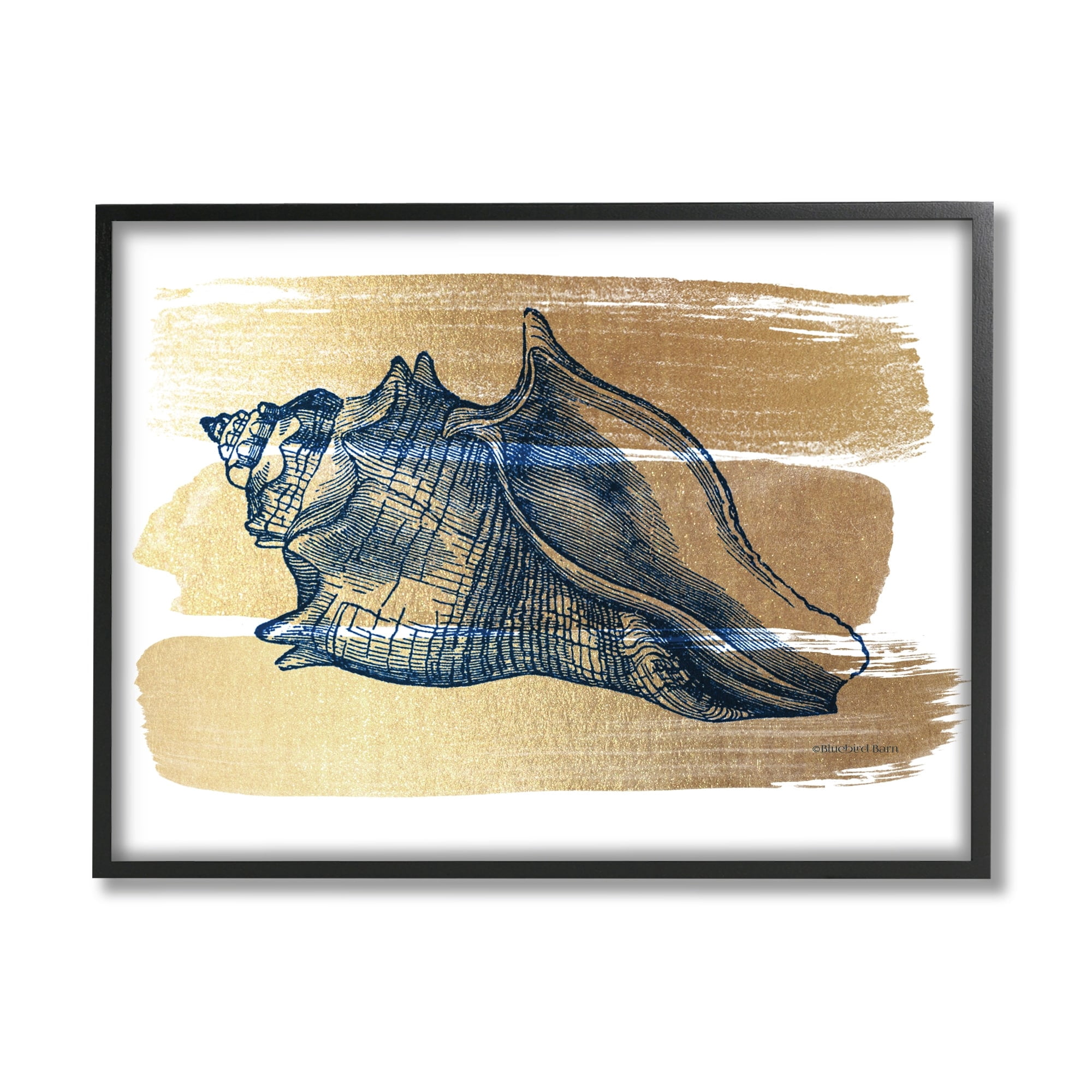 Stupell Industries Nautical Navy Blue Husk Golden Banded Pattern,14 x 11, Design by Bluebird Barn