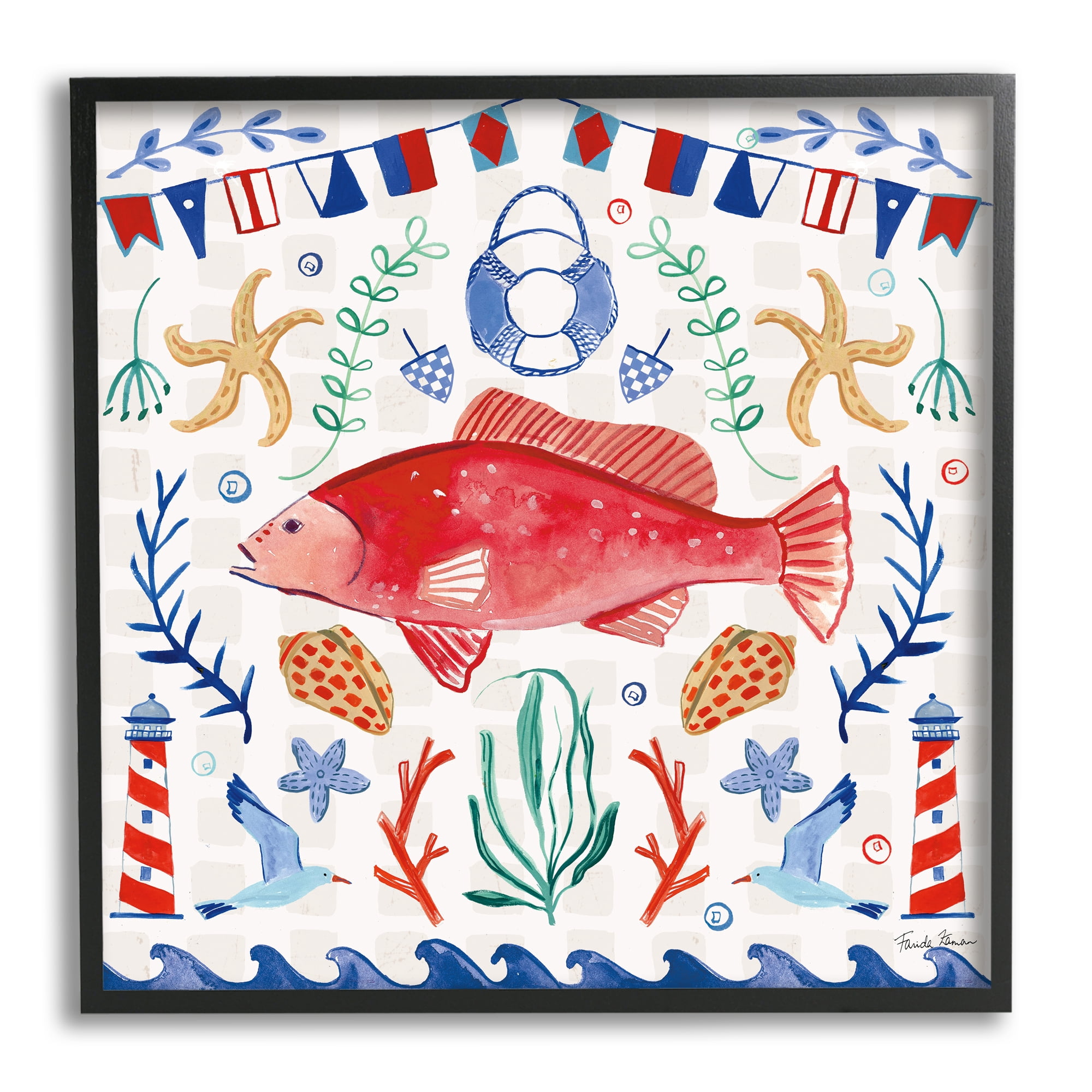 Stupell Industries Nautical Patterned Fish Animals & Insects Painting Black Framed Art Print Wall Art, 12 x 12