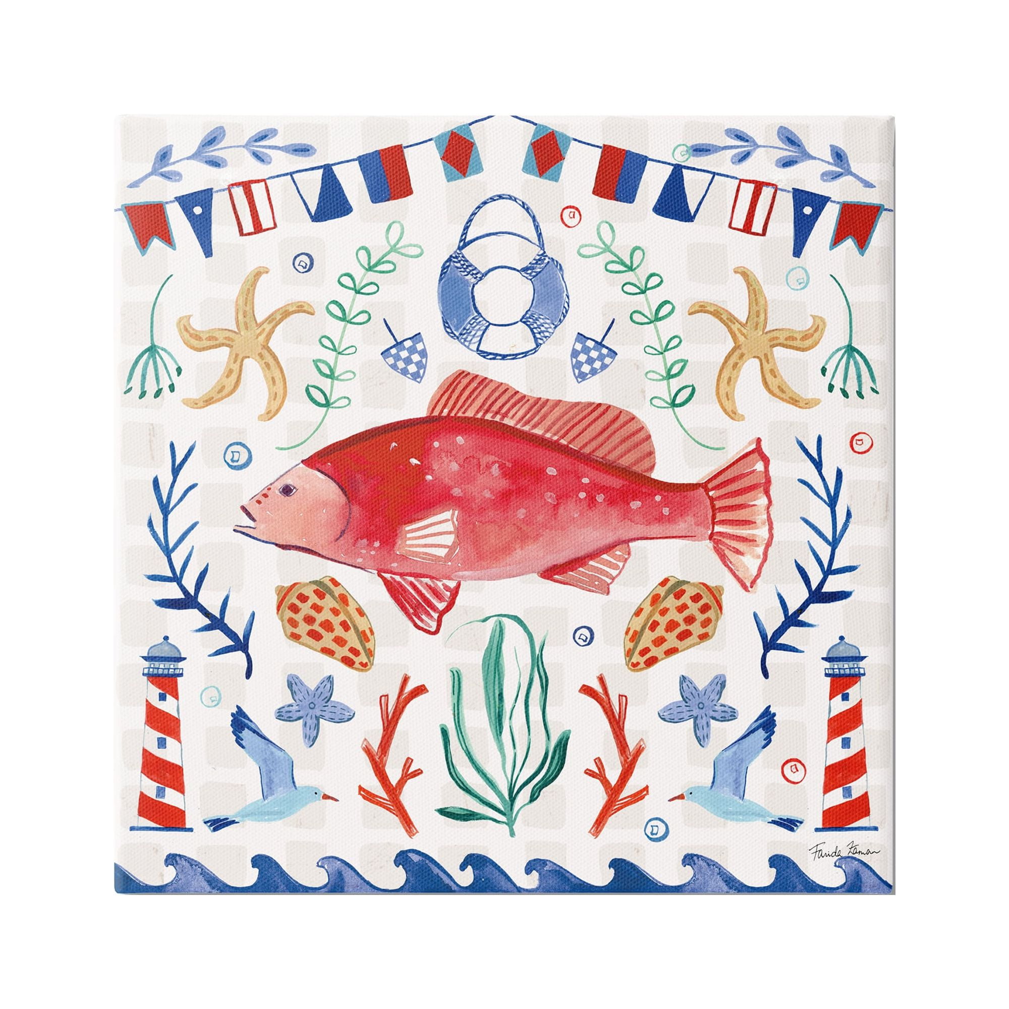 Stupell Industries Nautical Patterned Fish Animals & Insects Painting Gallery Wrapped Canvas Print Wall Art, 17 x 17