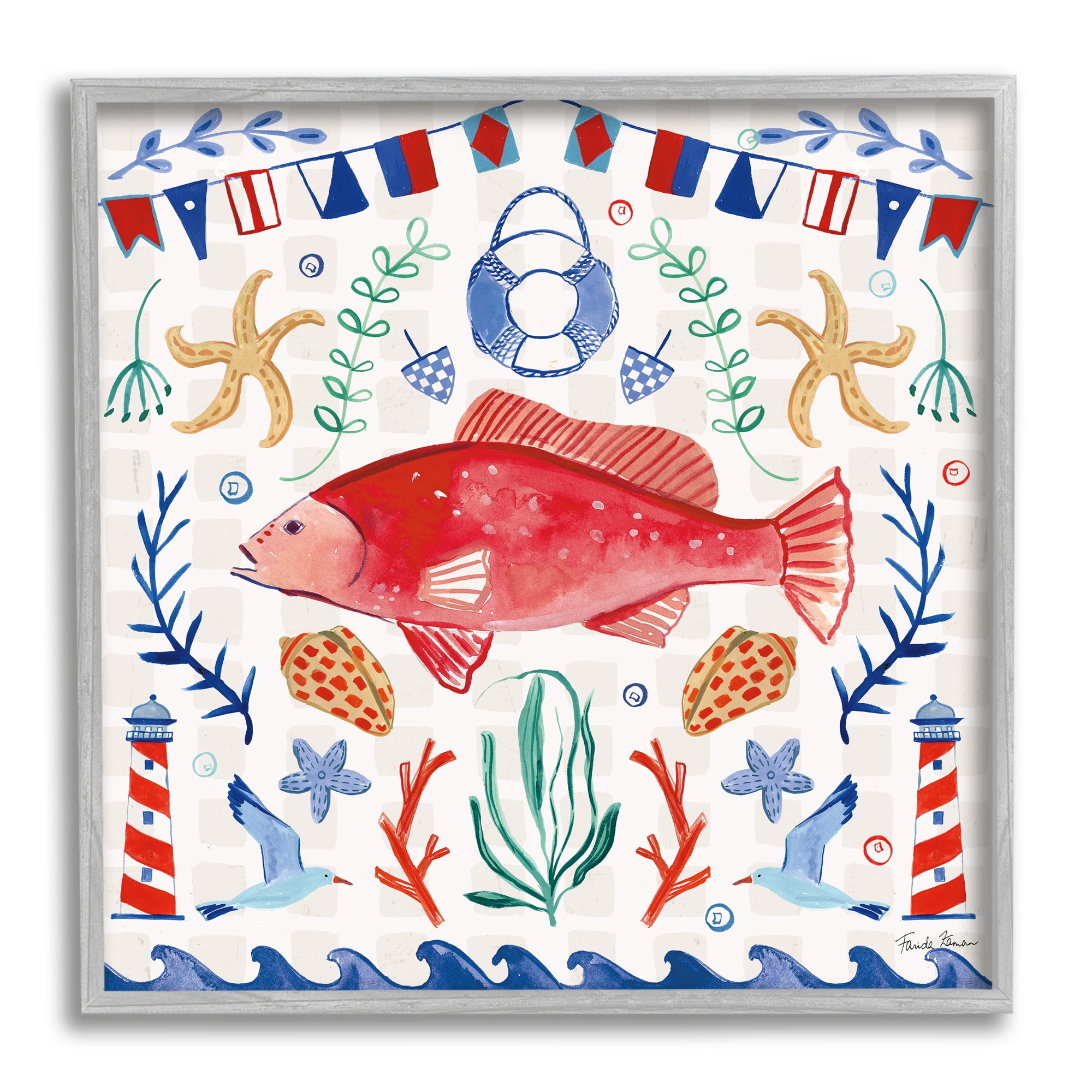 Stupell Industries Nautical Patterned Fish Animals & Insects Painting Gray Framed Art Print Wall Art, 12 x 12