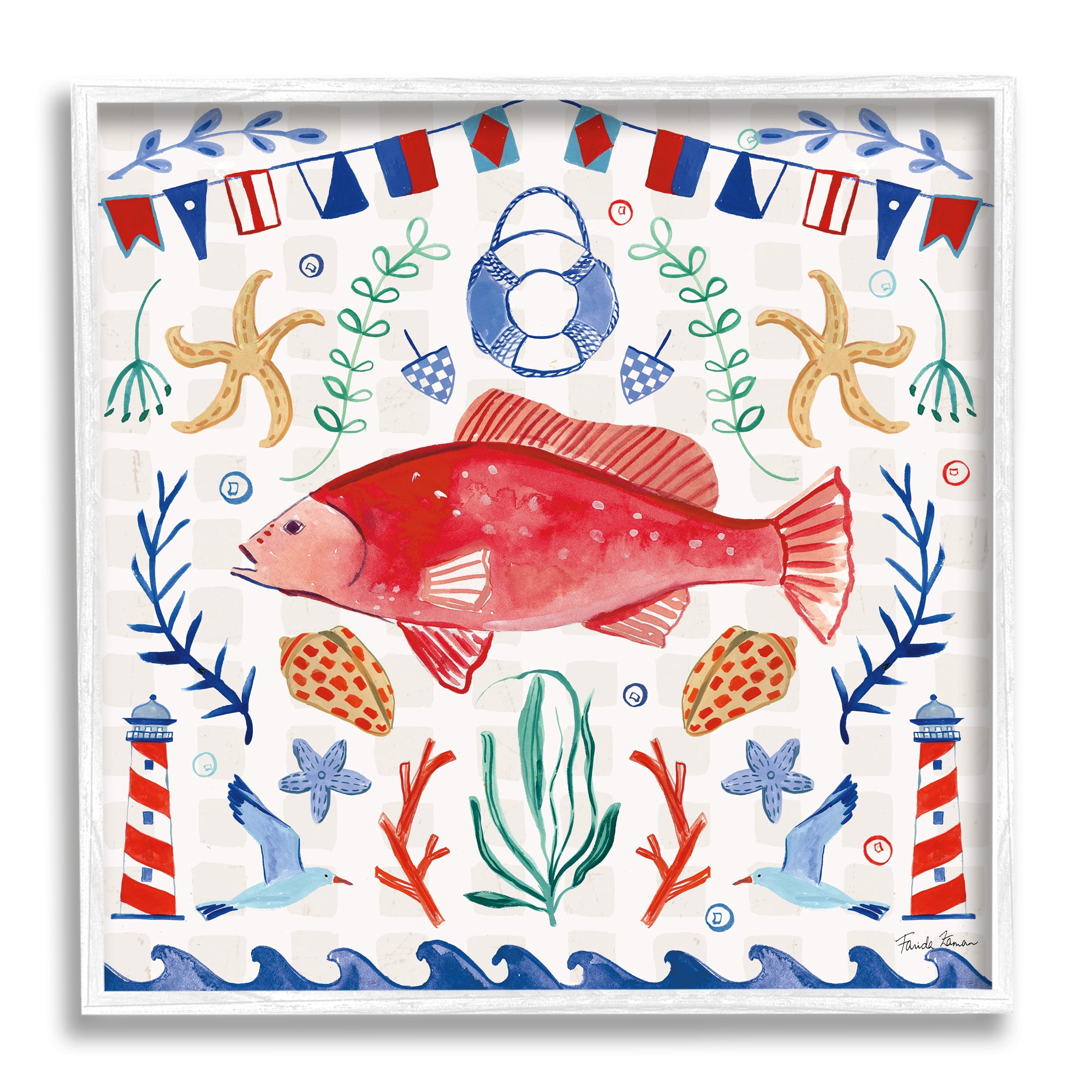 Stupell Industries Nautical Patterned Fish Animals & Insects Painting White Framed Art Print Wall Art, 17 x 17