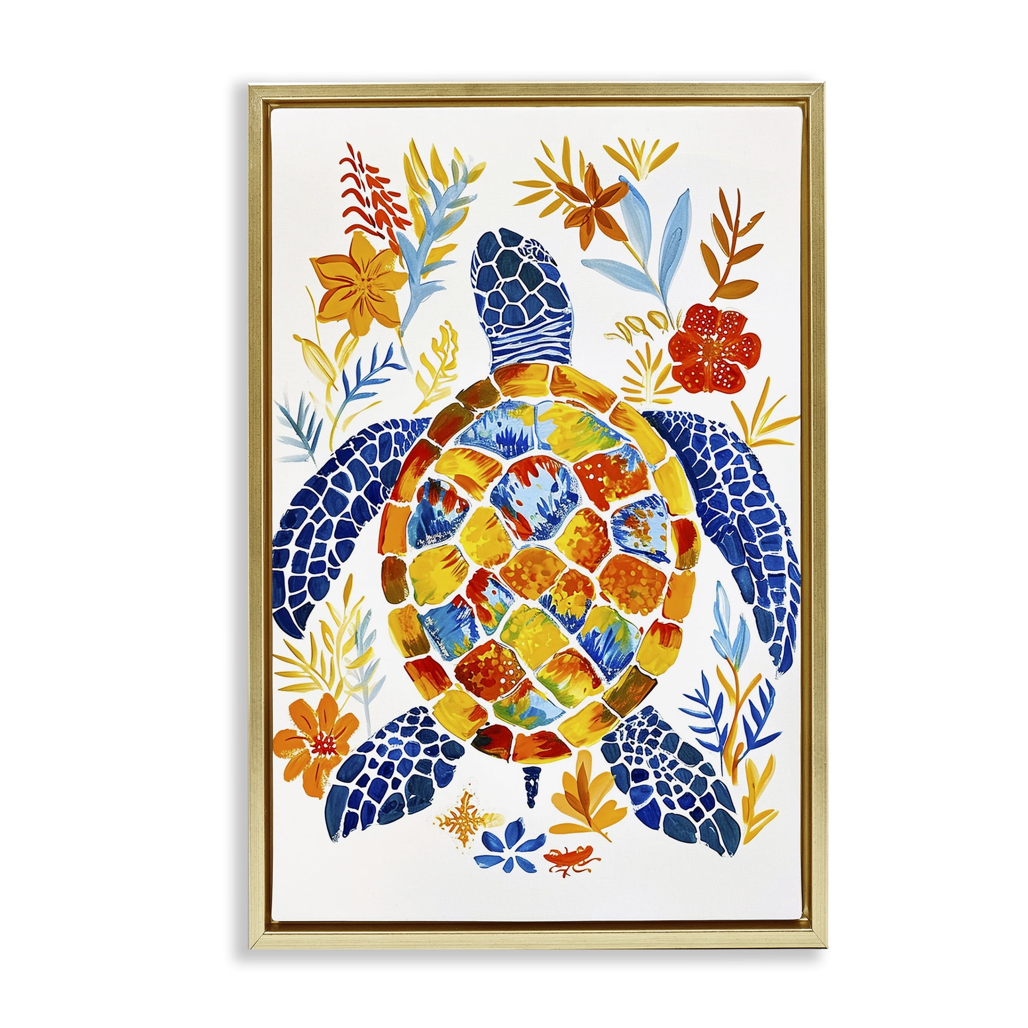 Stupell Industries Nautical Patterned Turtle Coastal Painting Gold Floater Framed Canvas Art Print Wall Art, 17 x 25